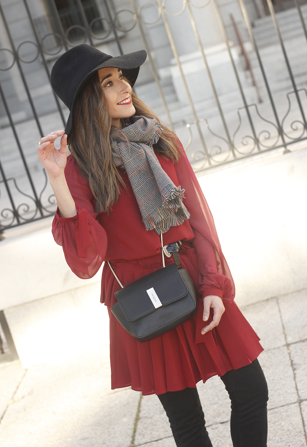 red dress black hat scarf over the knee boots Autumn essentials outfit style fashion fall03