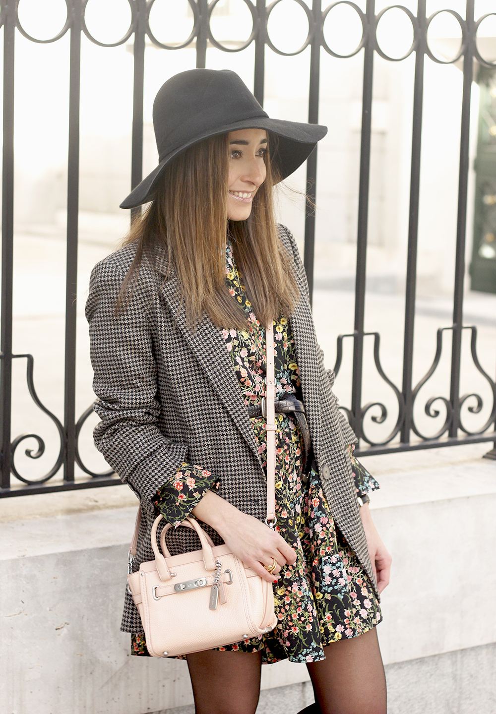 Flower dress blazer pink bag coach black hat accessories heels fashion style outfit17