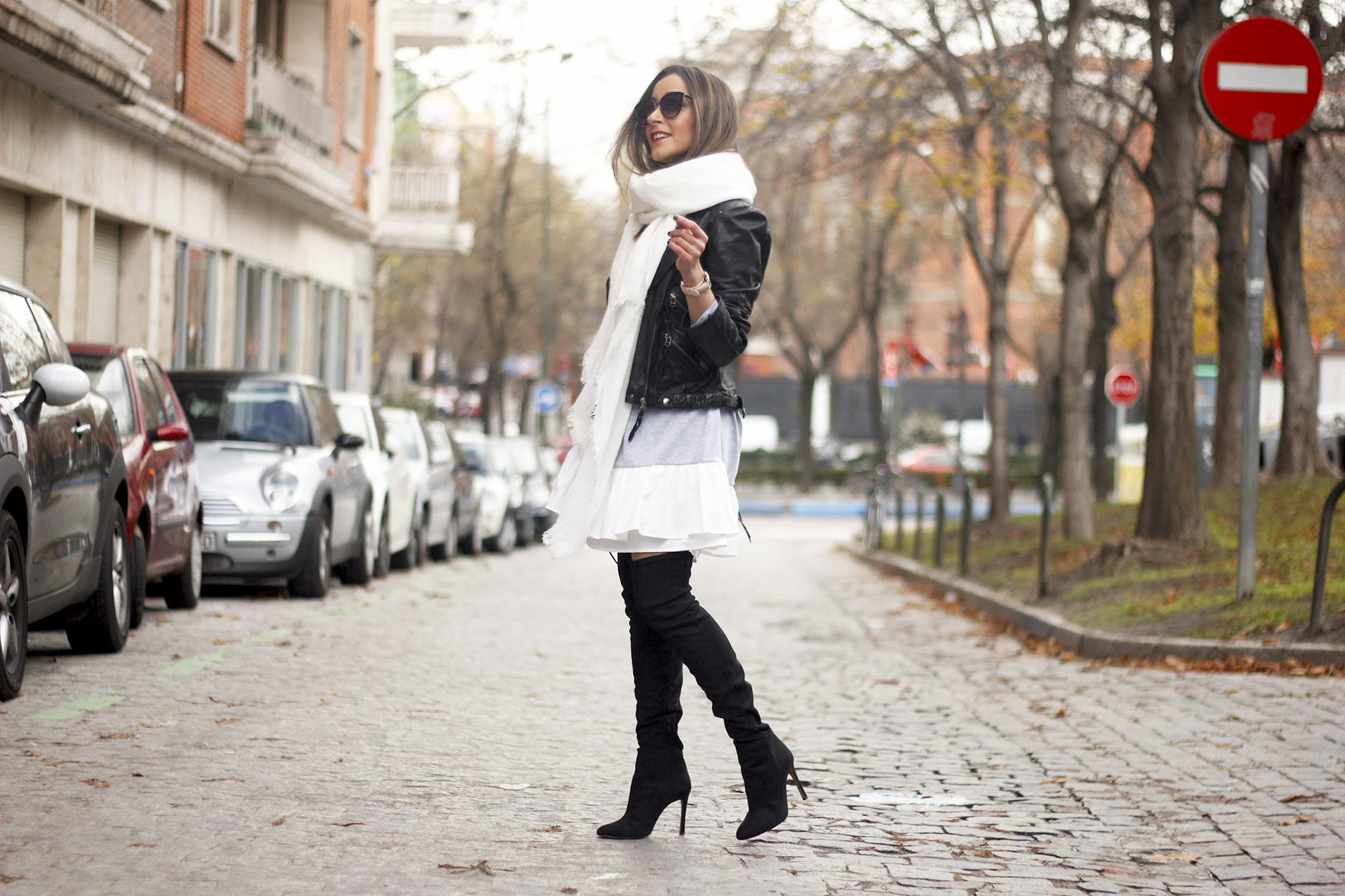 Leather Jacket gray dress over the knee boots style outfit fashion coach bag white scarf02