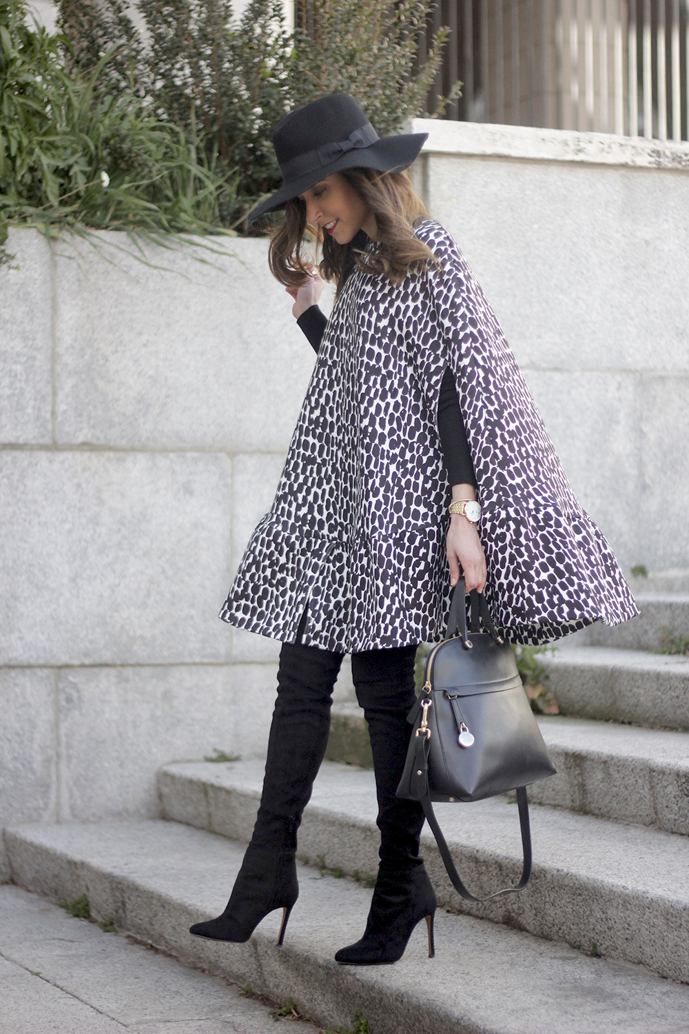 black and white outfit cape dress over the knee boots furla handbag style16