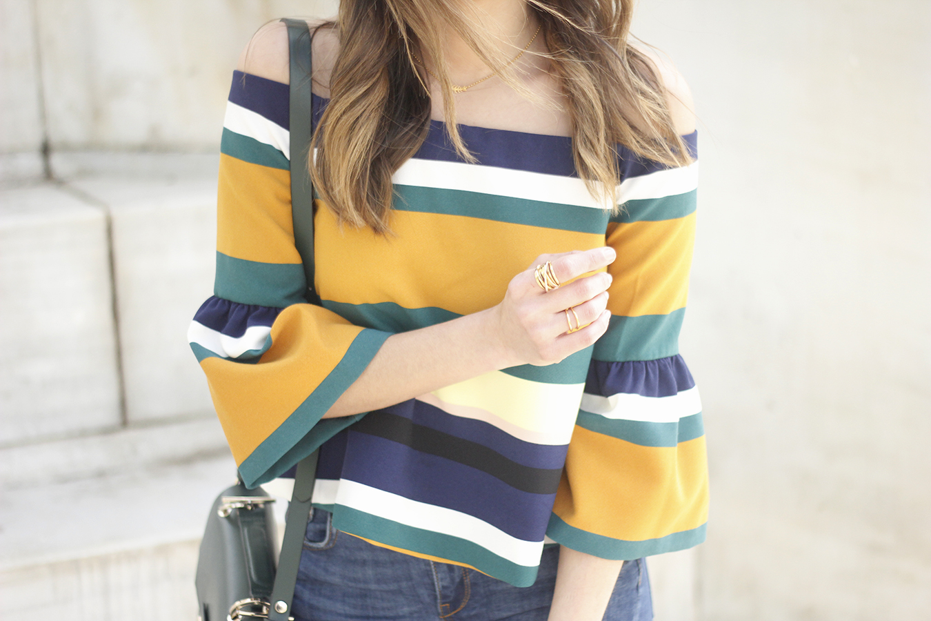 Off The Shoulder Top with stripes jeans heels accessories bag aristocrazy08