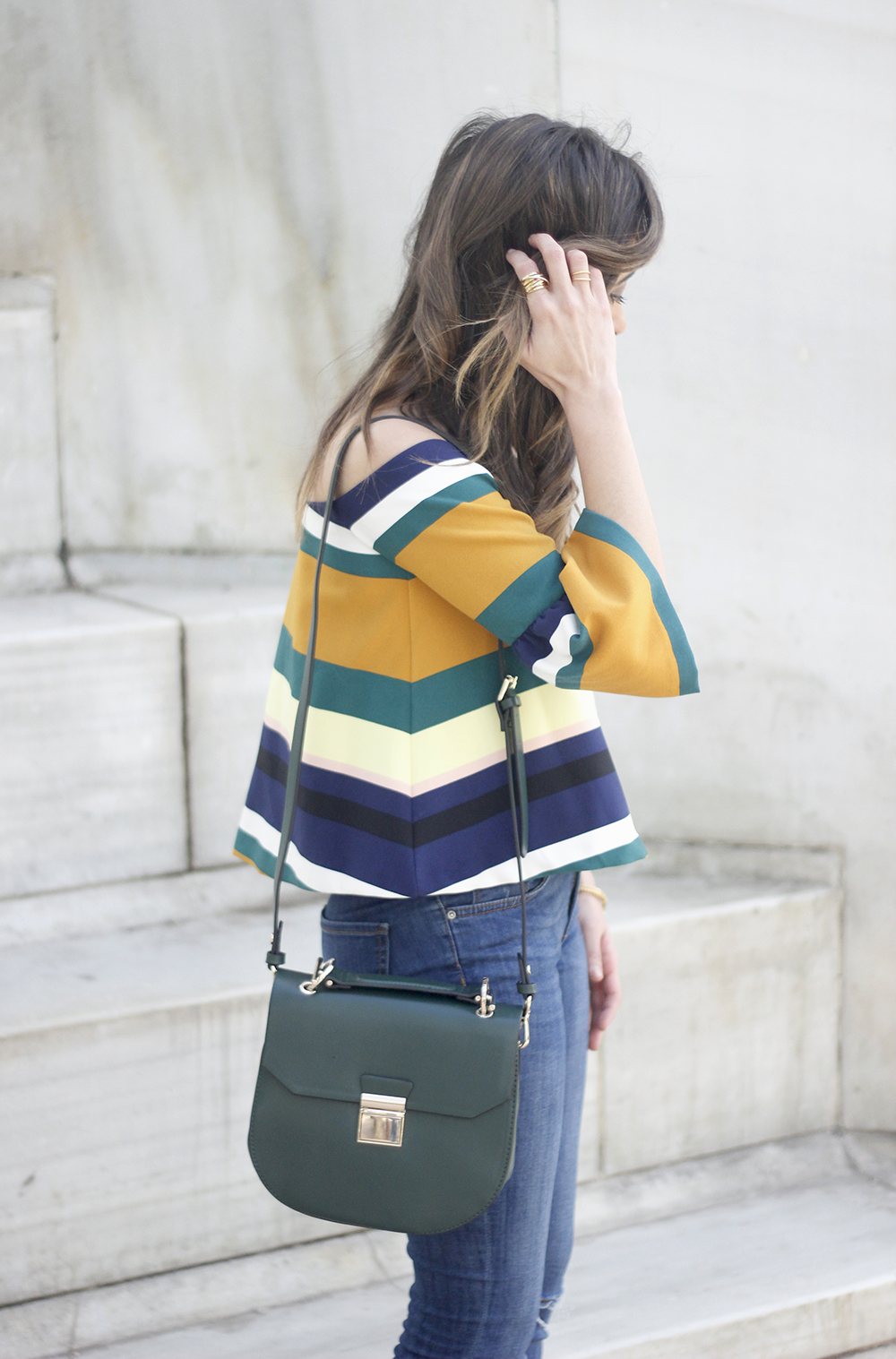 Off The Shoulder Top with stripes jeans heels accessories bag aristocrazy05