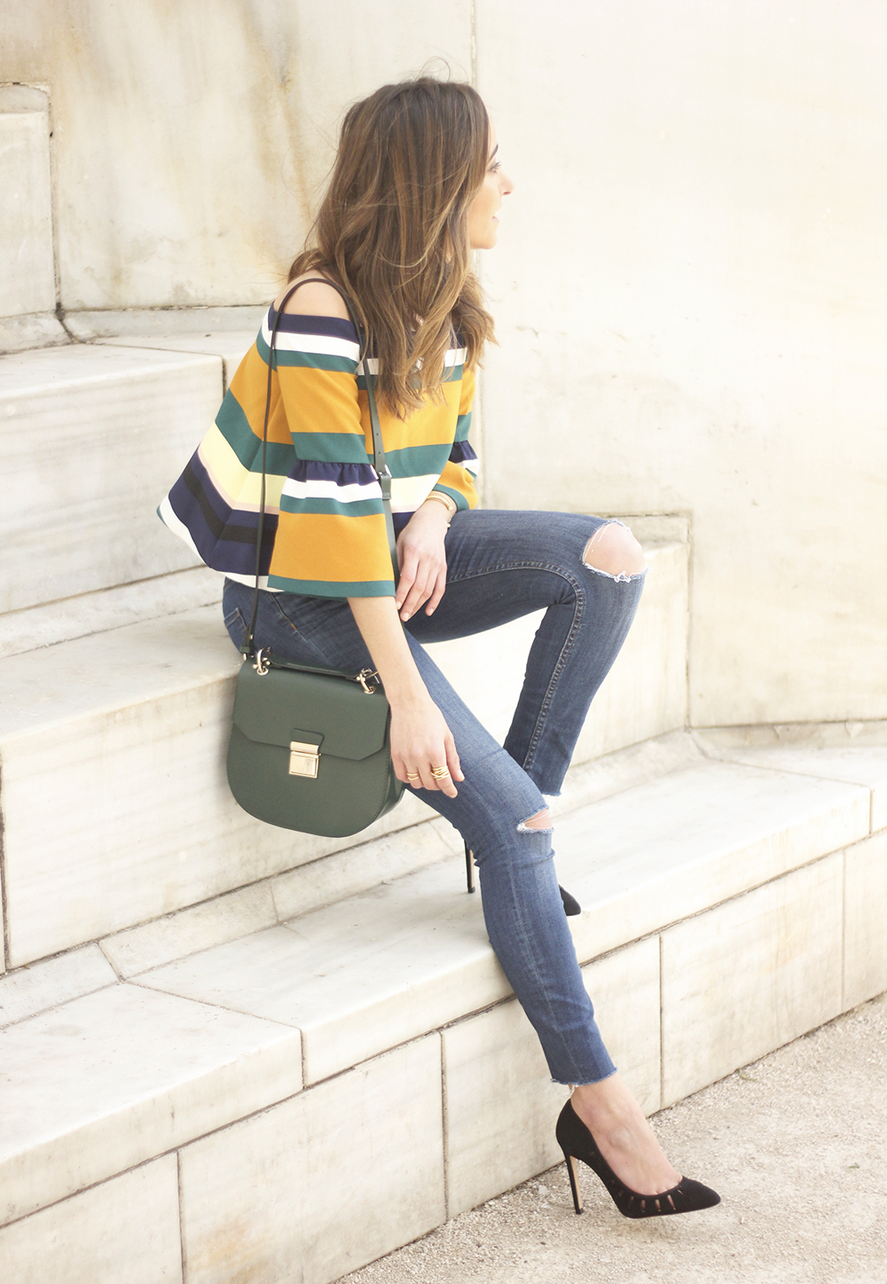 Off The Shoulder Top with stripes jeans heels accessories bag aristocrazy15