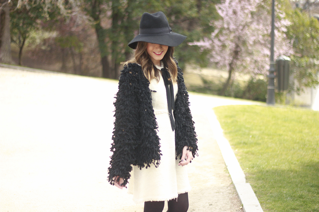 White tweed dress with bow black jacket hat outfit10