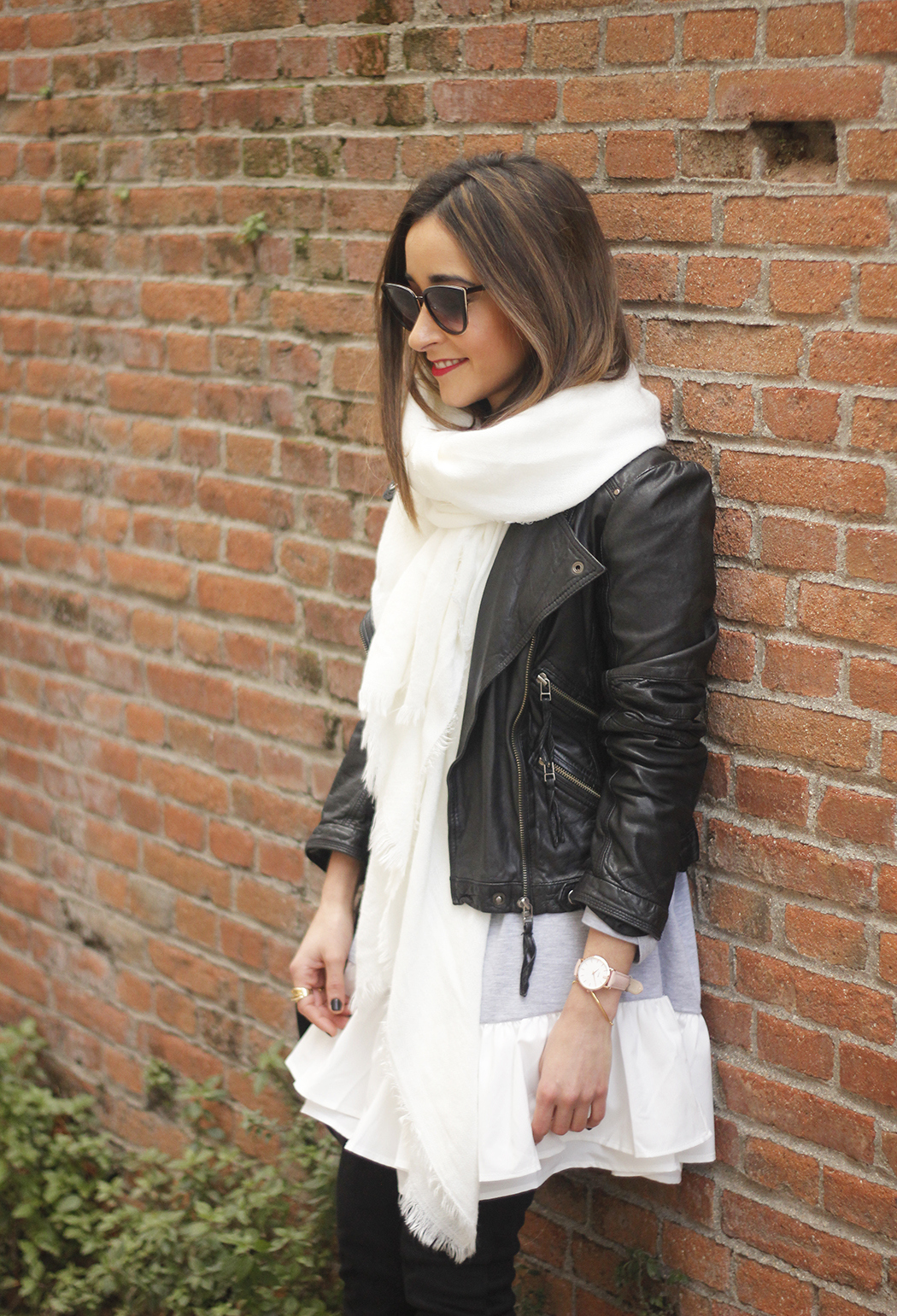 Leather Jacket gray dress over the knee boots style outfit fashion coach bag white scarf05