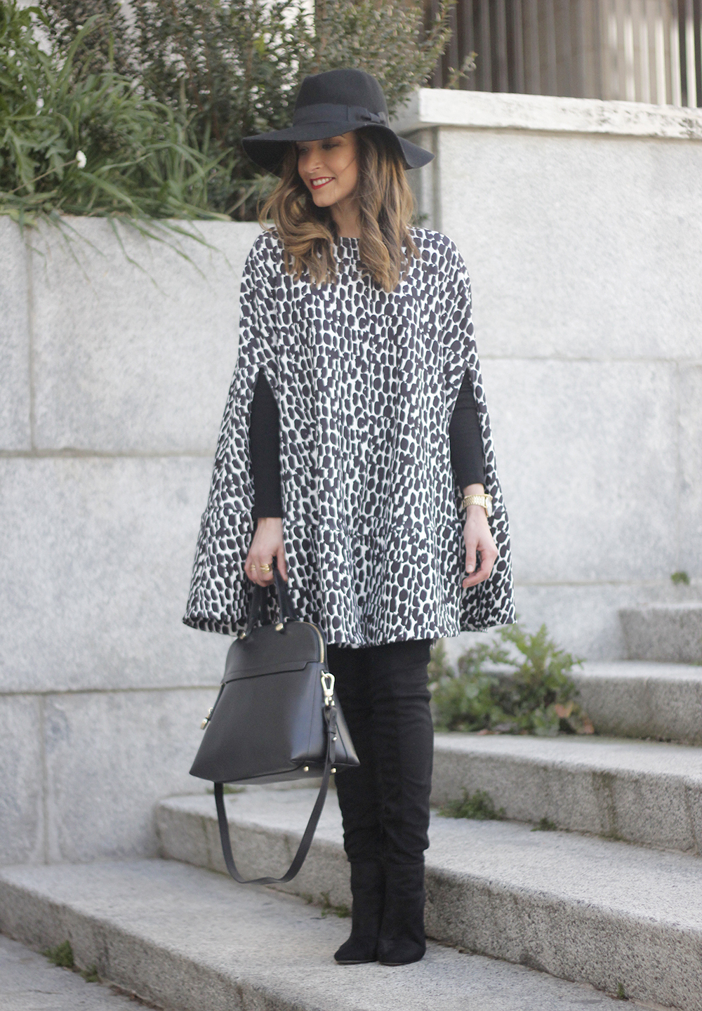 black and white outfit cape dress over the knee boots furla handbag style17