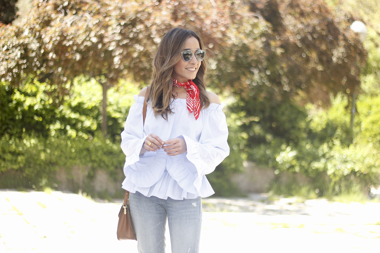 off the shoulders top with bell sleeves red bandana nude heels dior sunglasses spring outfit25