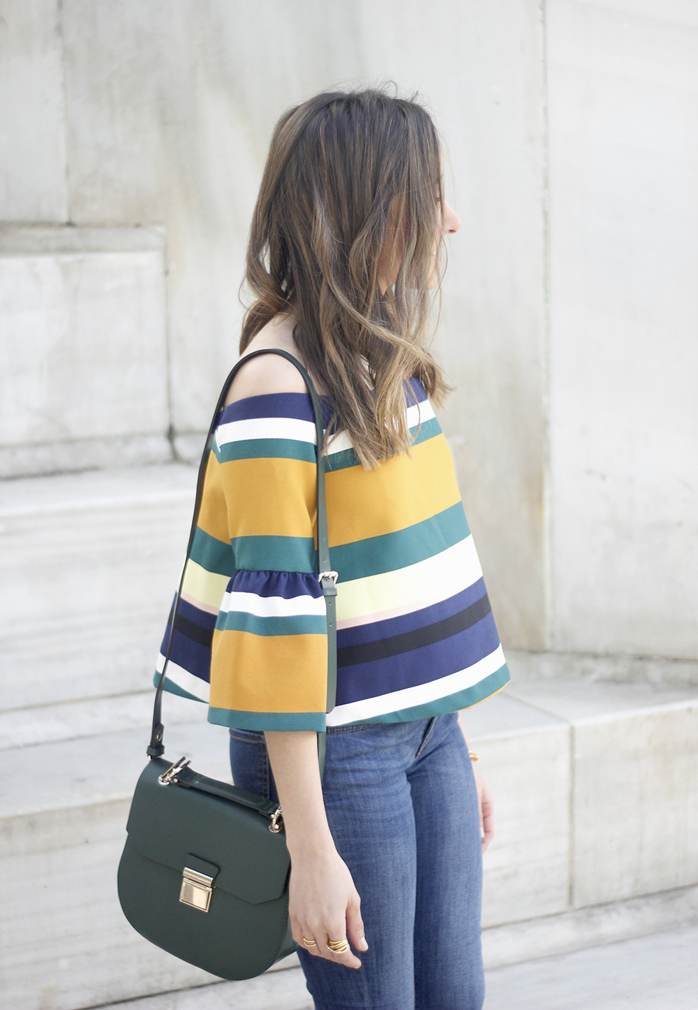 Off The Shoulder Top with stripes jeans heels accessories bag aristocrazy04