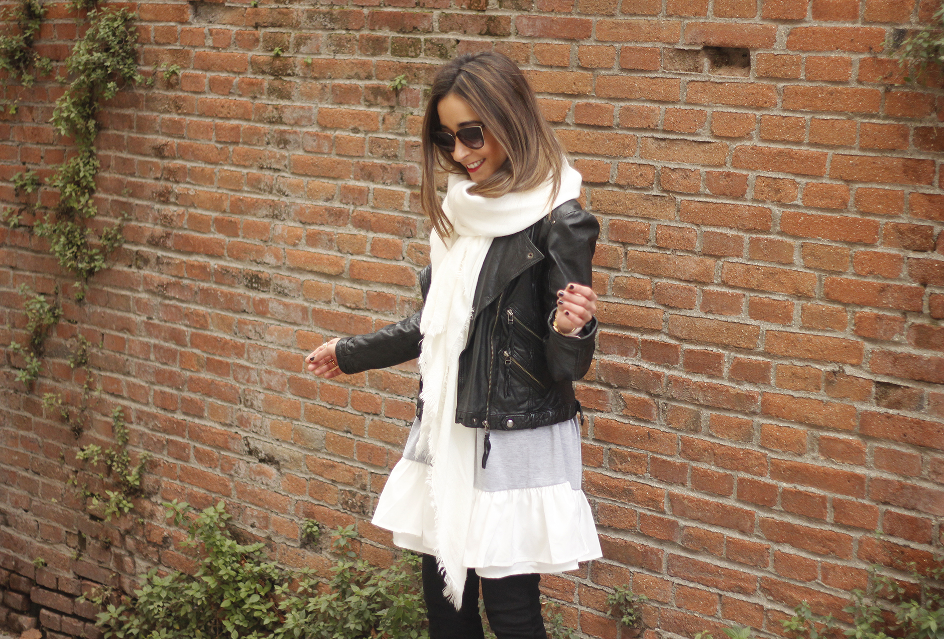 Leather Jacket gray dress over the knee boots style outfit fashion coach bag white scarf07