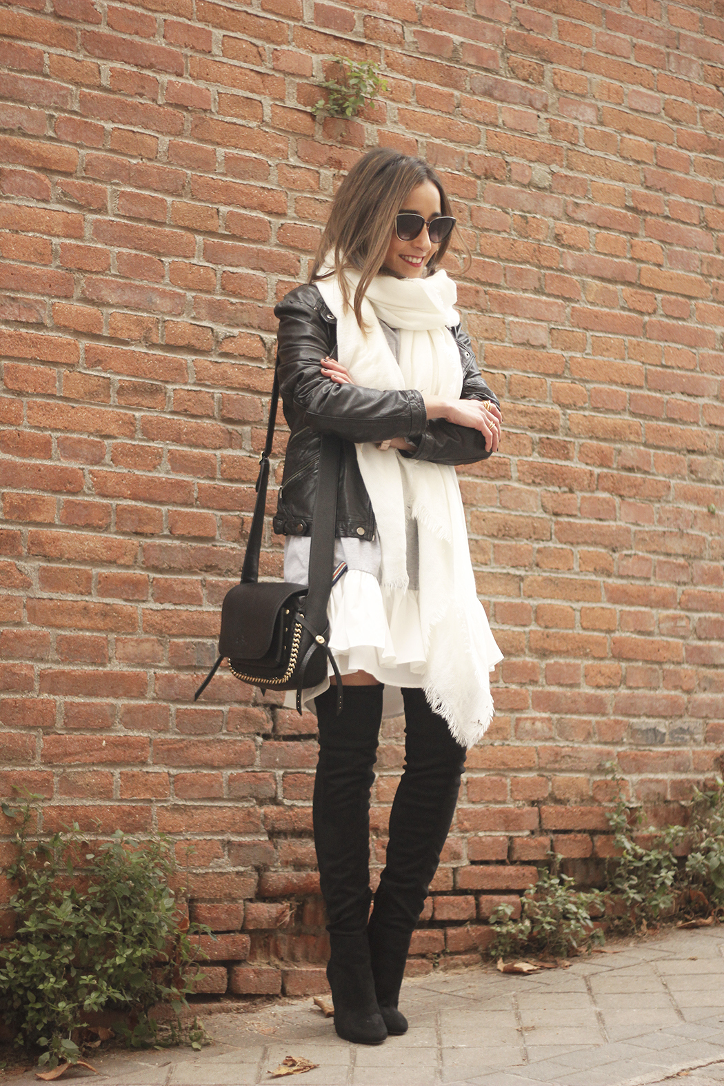 Leather Jacket gray dress over the knee boots style outfit fashion coach bag white scarf19