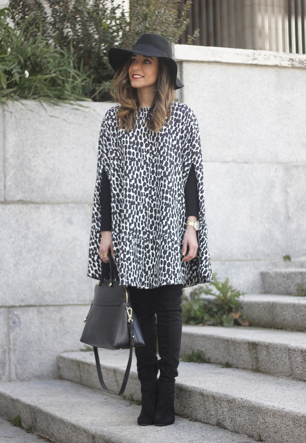 black and white outfit cape dress over the knee boots furla handbag style18
