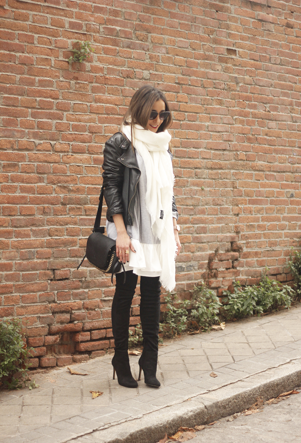 Leather Jacket gray dress over the knee boots style outfit fashion coach bag white scarf15
