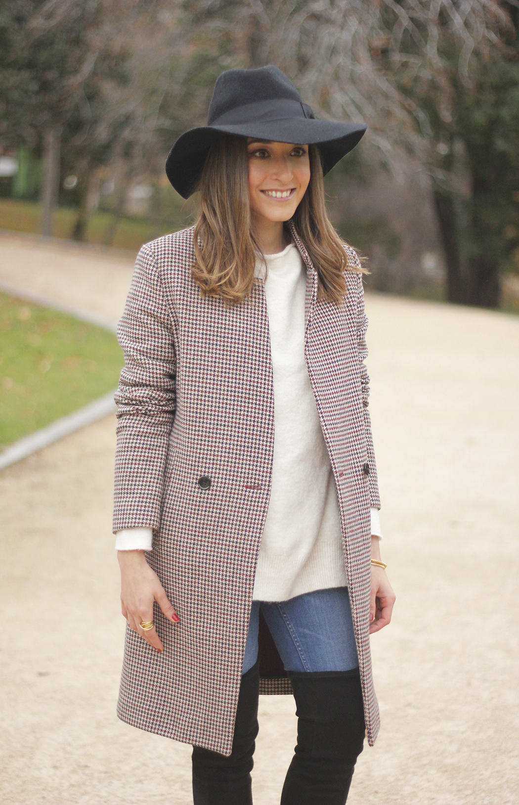 houndstooth coat, white sweater, over the knee boots, black hat, outfit, style, jeans17