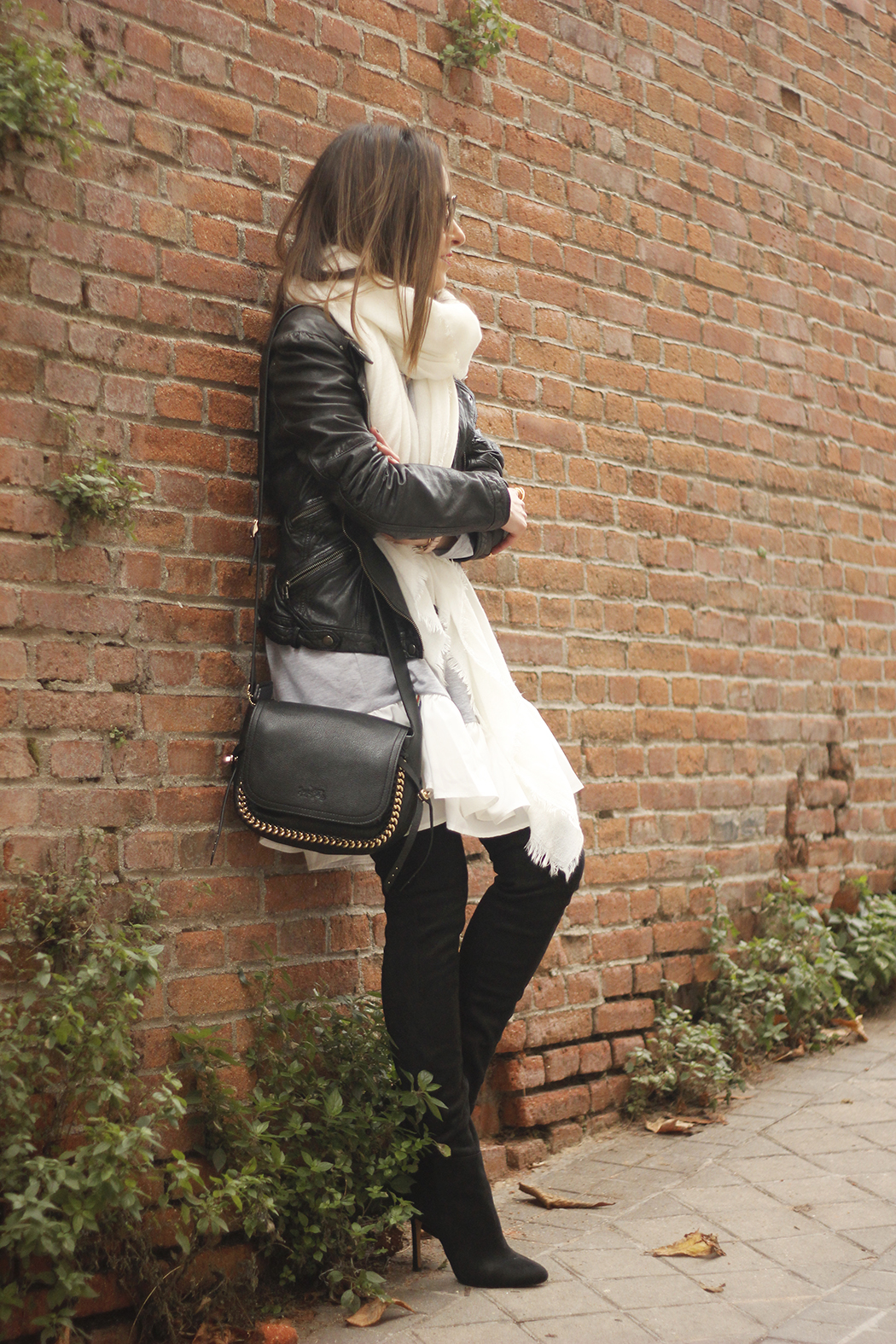 Leather Jacket gray dress over the knee boots style outfit fashion coach bag white scarf11