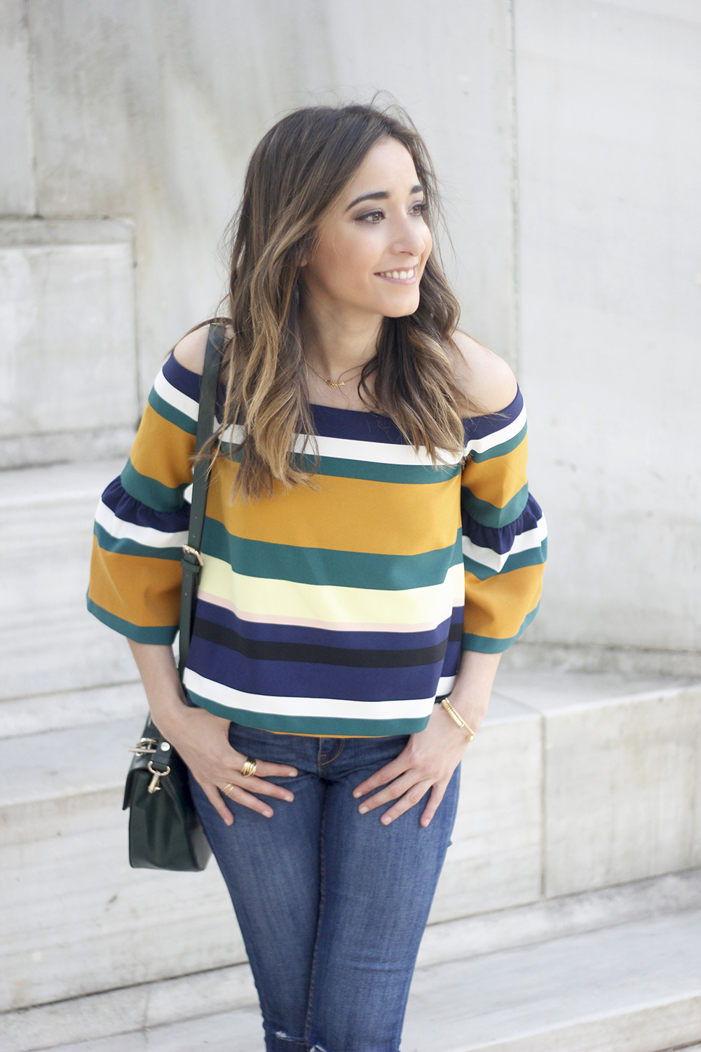 Off The Shoulder Top with stripes jeans heels accessories bag aristocrazy06