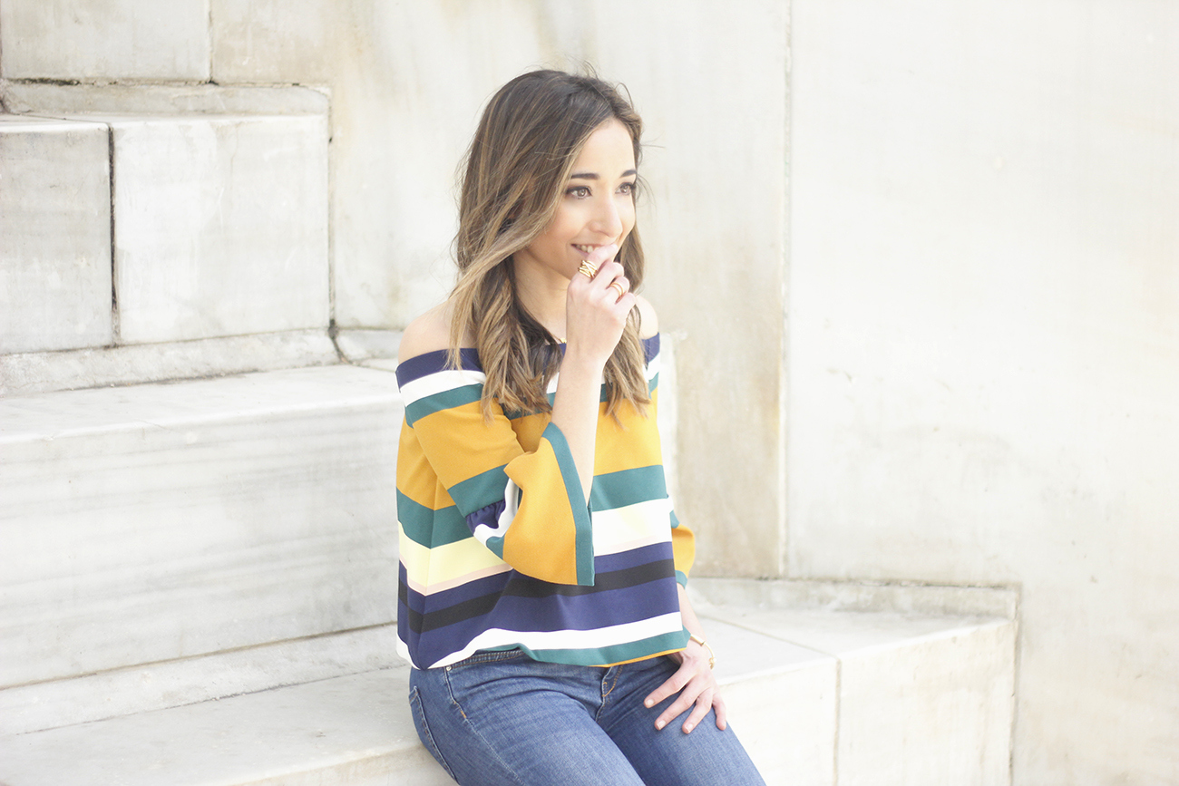 Off The Shoulder Top with stripes jeans heels accessories bag aristocrazy03