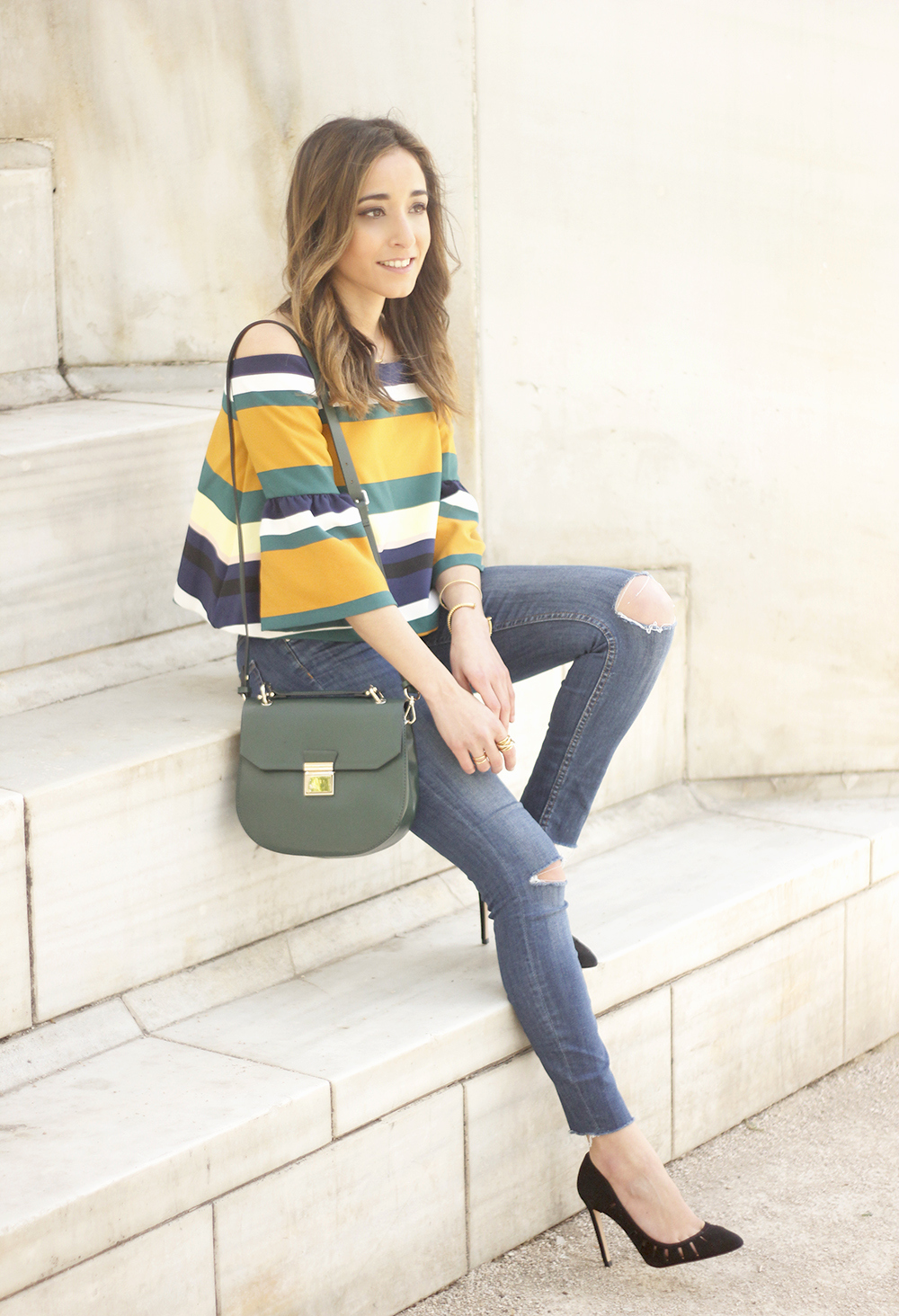 Off The Shoulder Top with stripes jeans heels accessories bag aristocrazy13