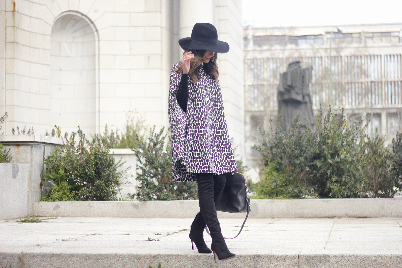 black and white outfit cape dress over the knee boots furla handbag style01