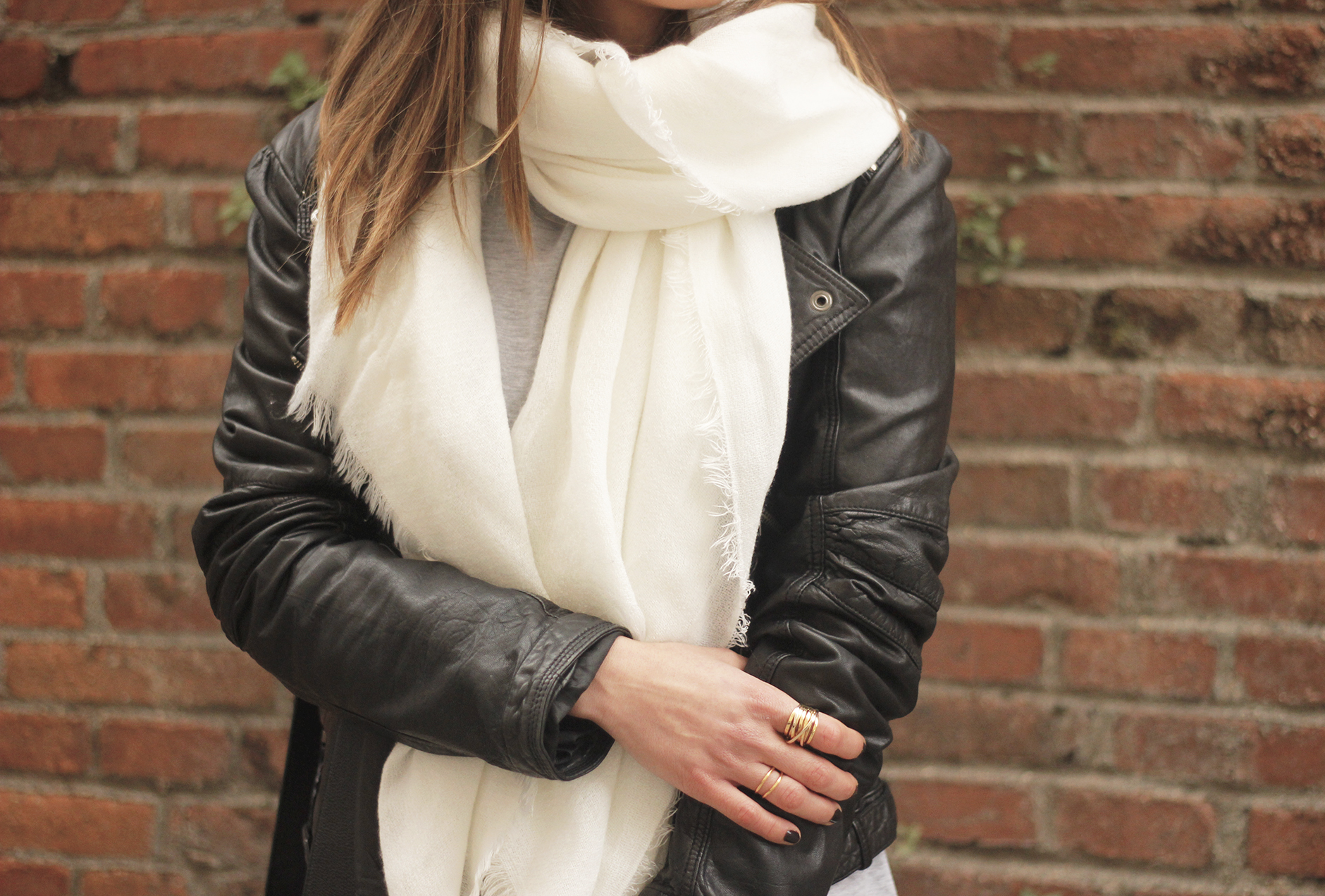 Leather Jacket gray dress over the knee boots style outfit fashion coach bag white scarf20