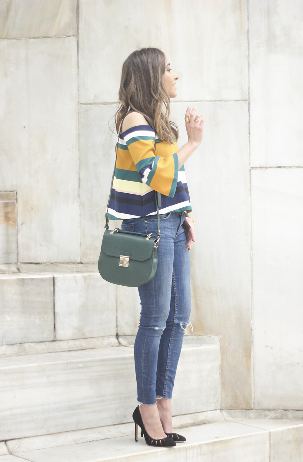 Off The Shoulder Top with stripes jeans heels accessories bag aristocrazy11