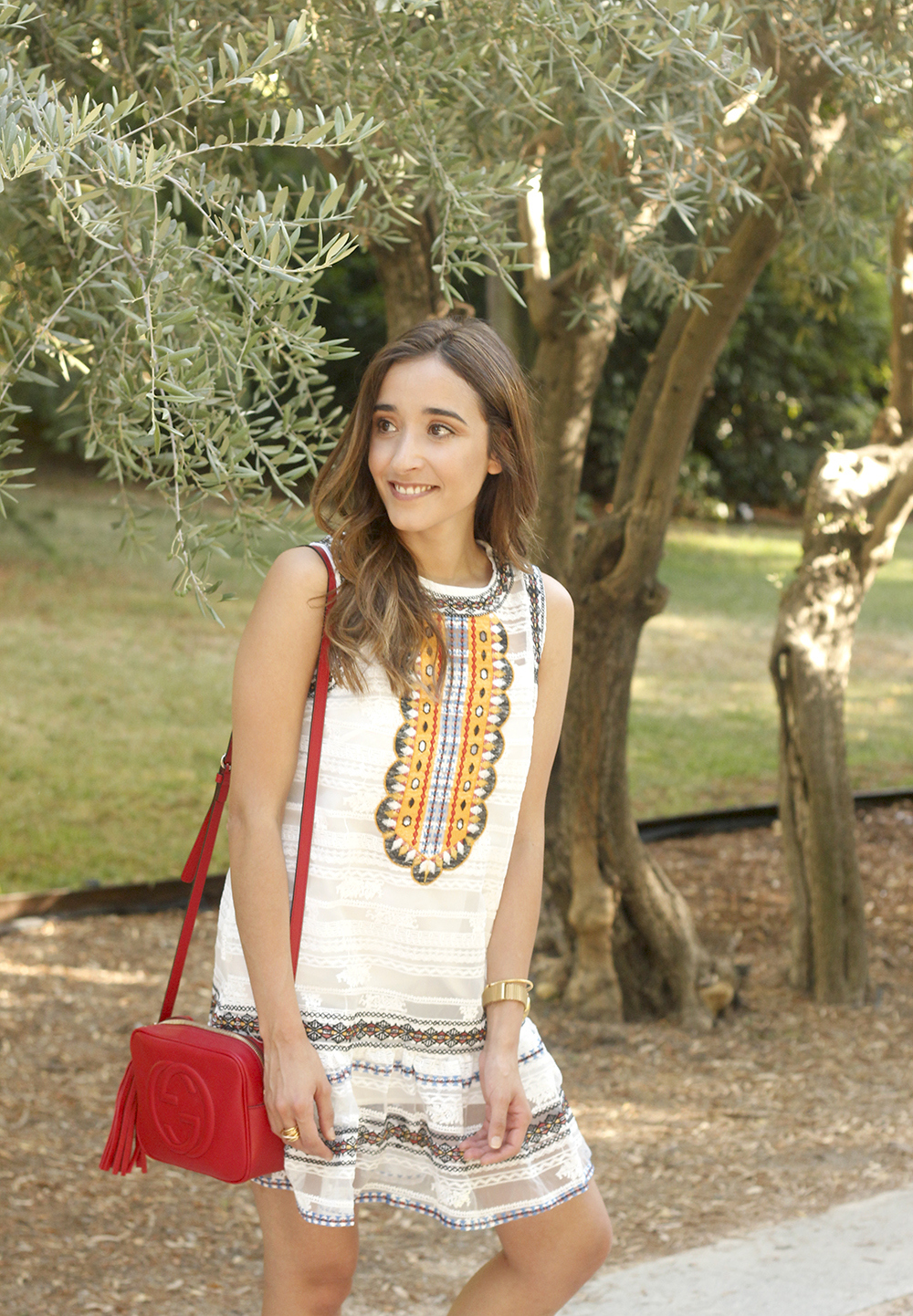 bohemian summer dress black flats red gucci bag outfit street style 201807