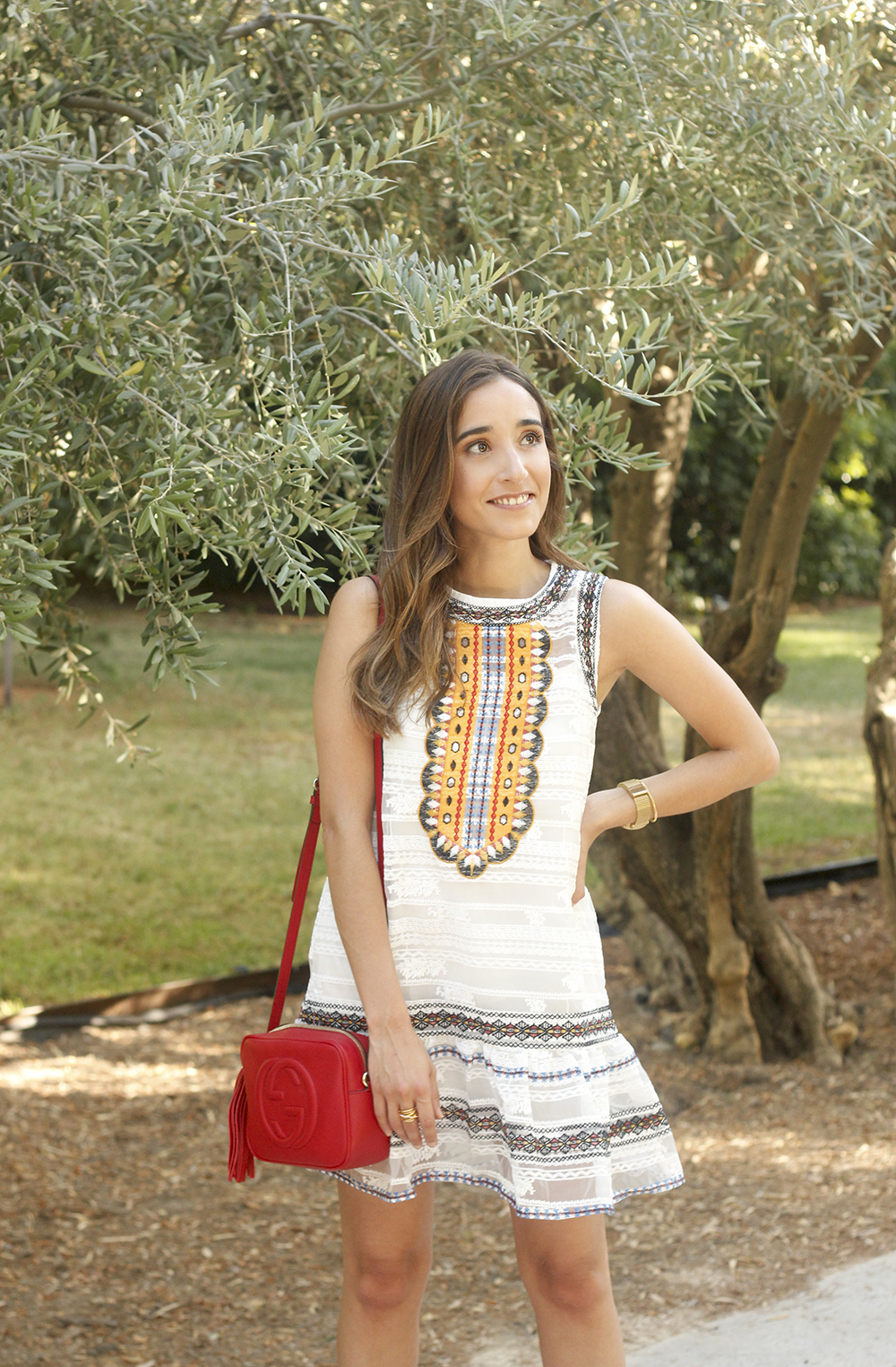 bohemian summer dress black flats red gucci bag outfit street style 201804