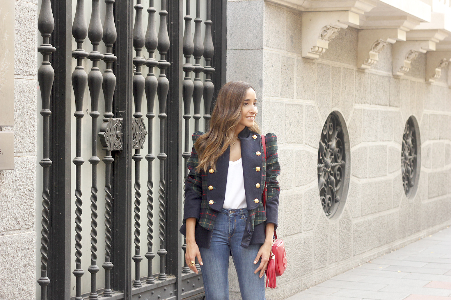 CHECKED BLAZER highly preppy gucci bag ripped jeans street style 2018 outfit06