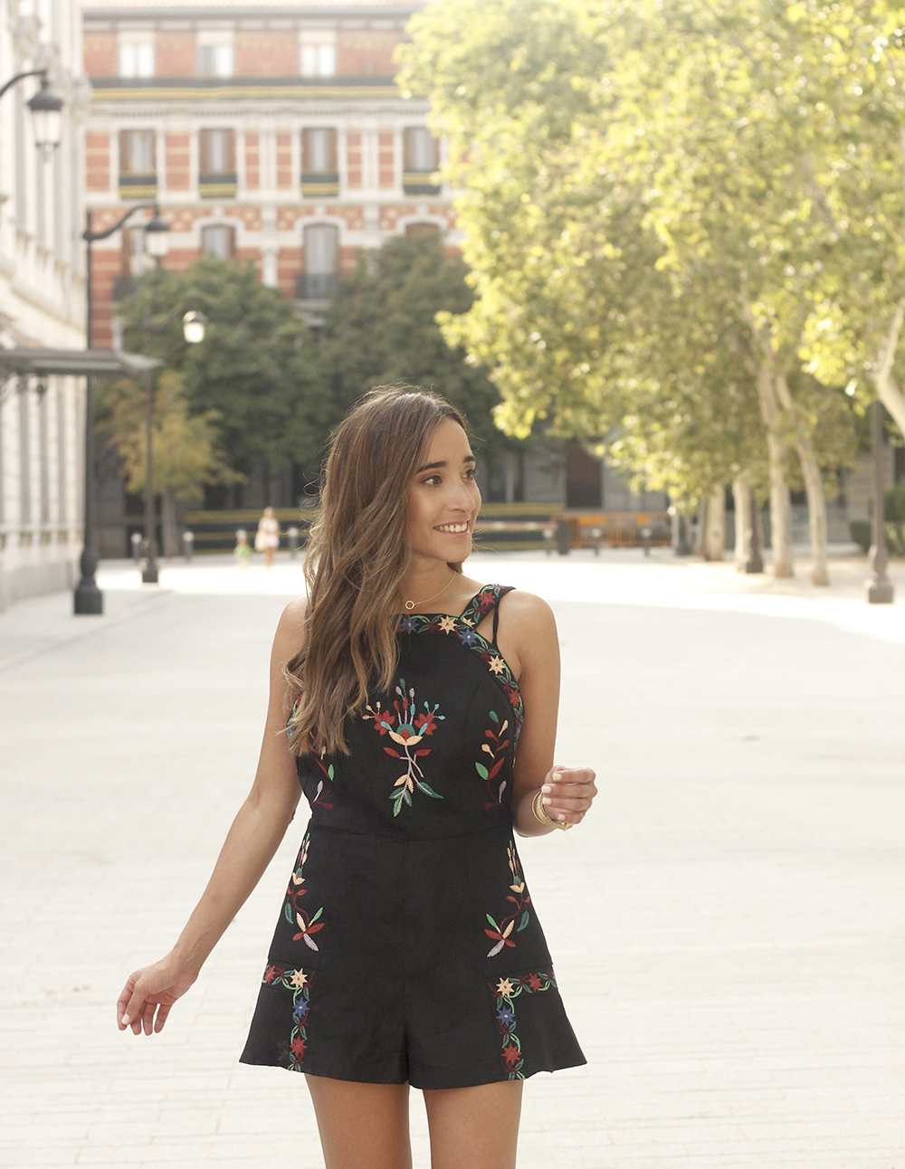 flowered overalls flat sandals vanlentino handbag street style outfit 201809