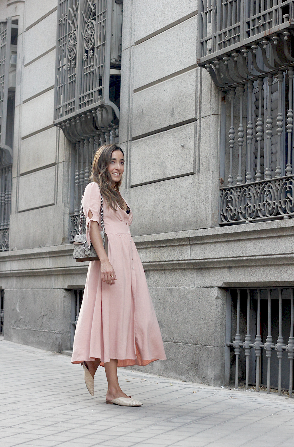 pink midi dress mules gucci bag outfit street style 201801