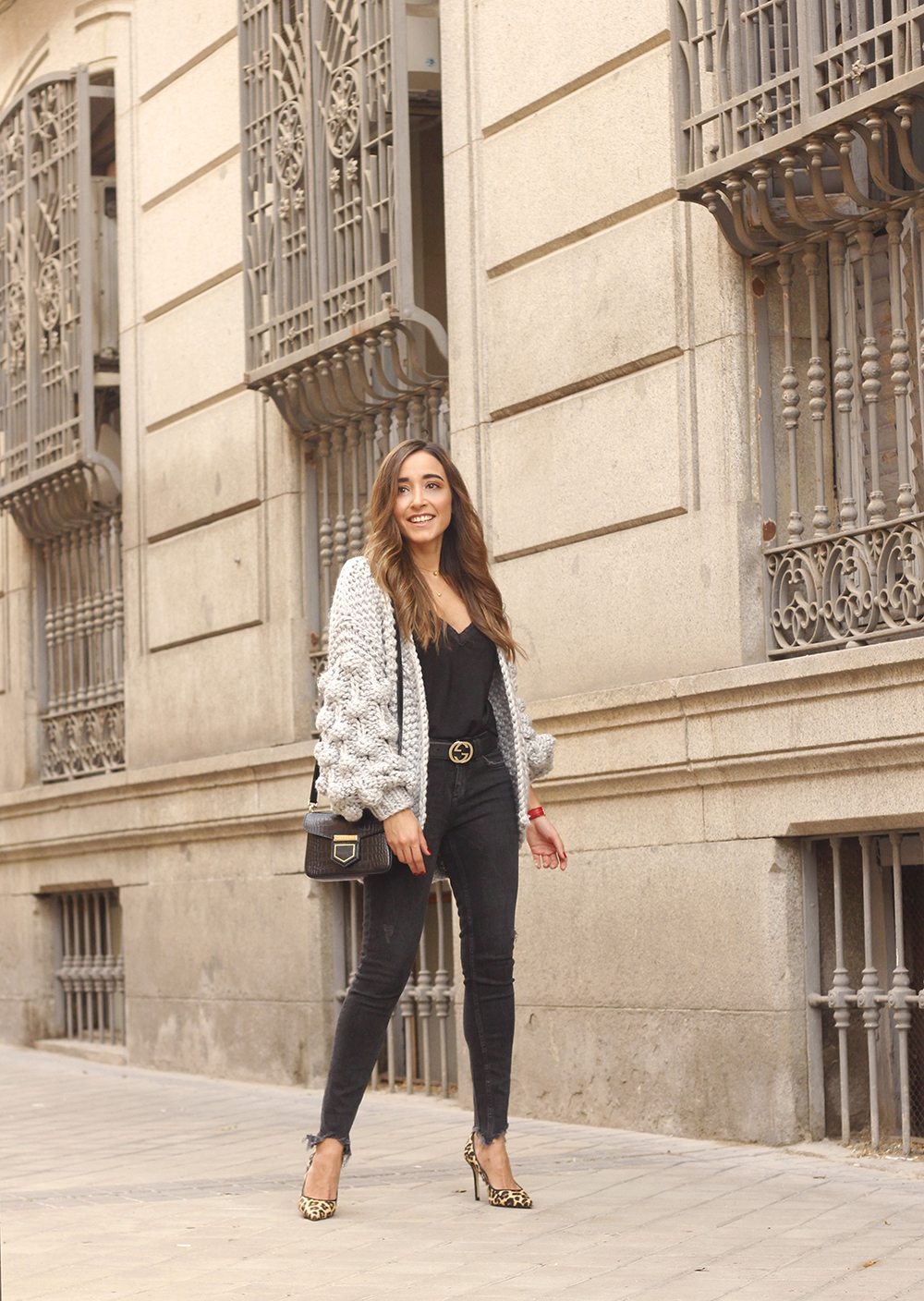 Grey cardigan black jeans folli folie watch leopard print heels starbucks tea street style fall outfit 201803