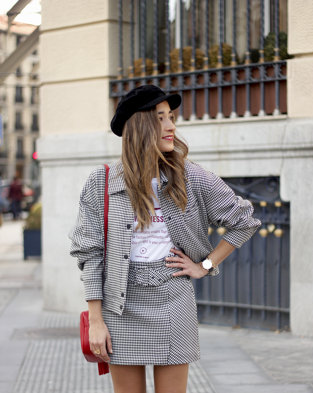 houndstooth patterned skirt and jacket black booties zara gucci bag street style fall outfit 20184889