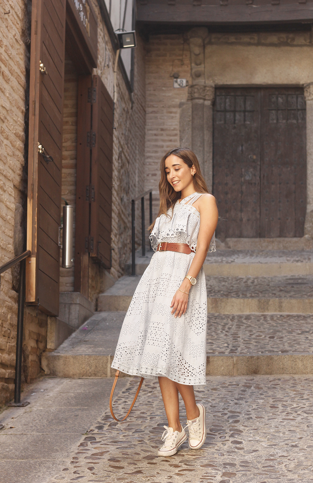 baby blue midi dress converse sneakers street style outfit 201813