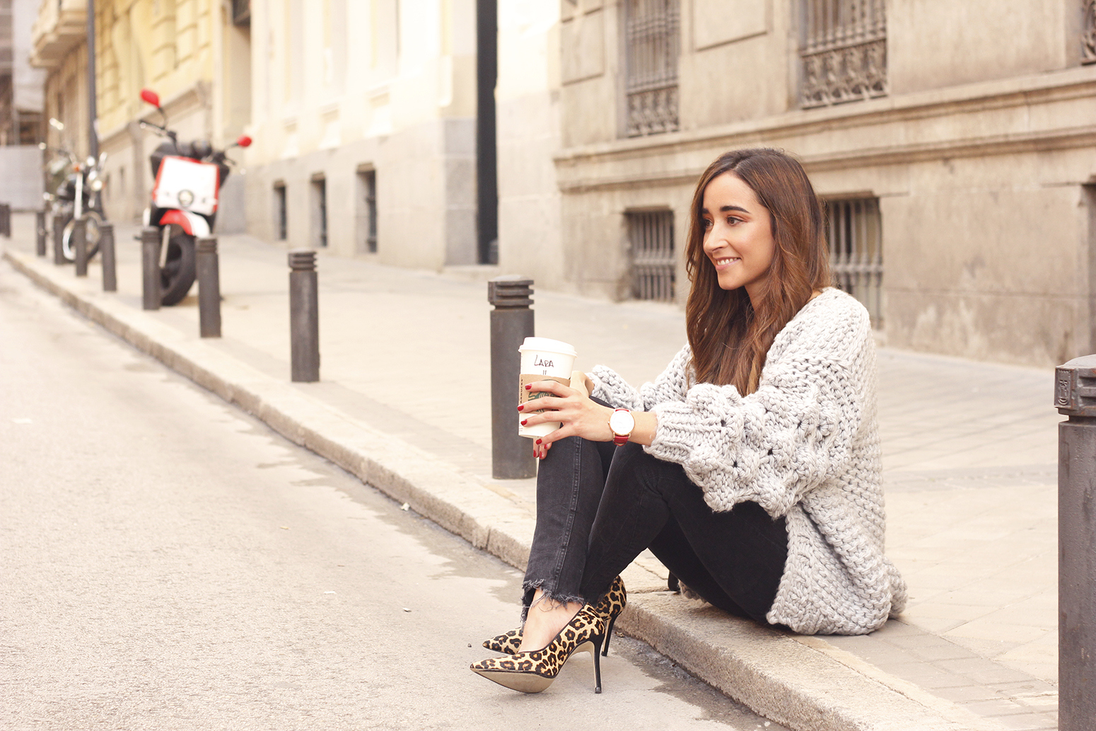 Grey cardigan black jeans folli folie watch leopard print heels starbucks tea street style fall outfit 201813