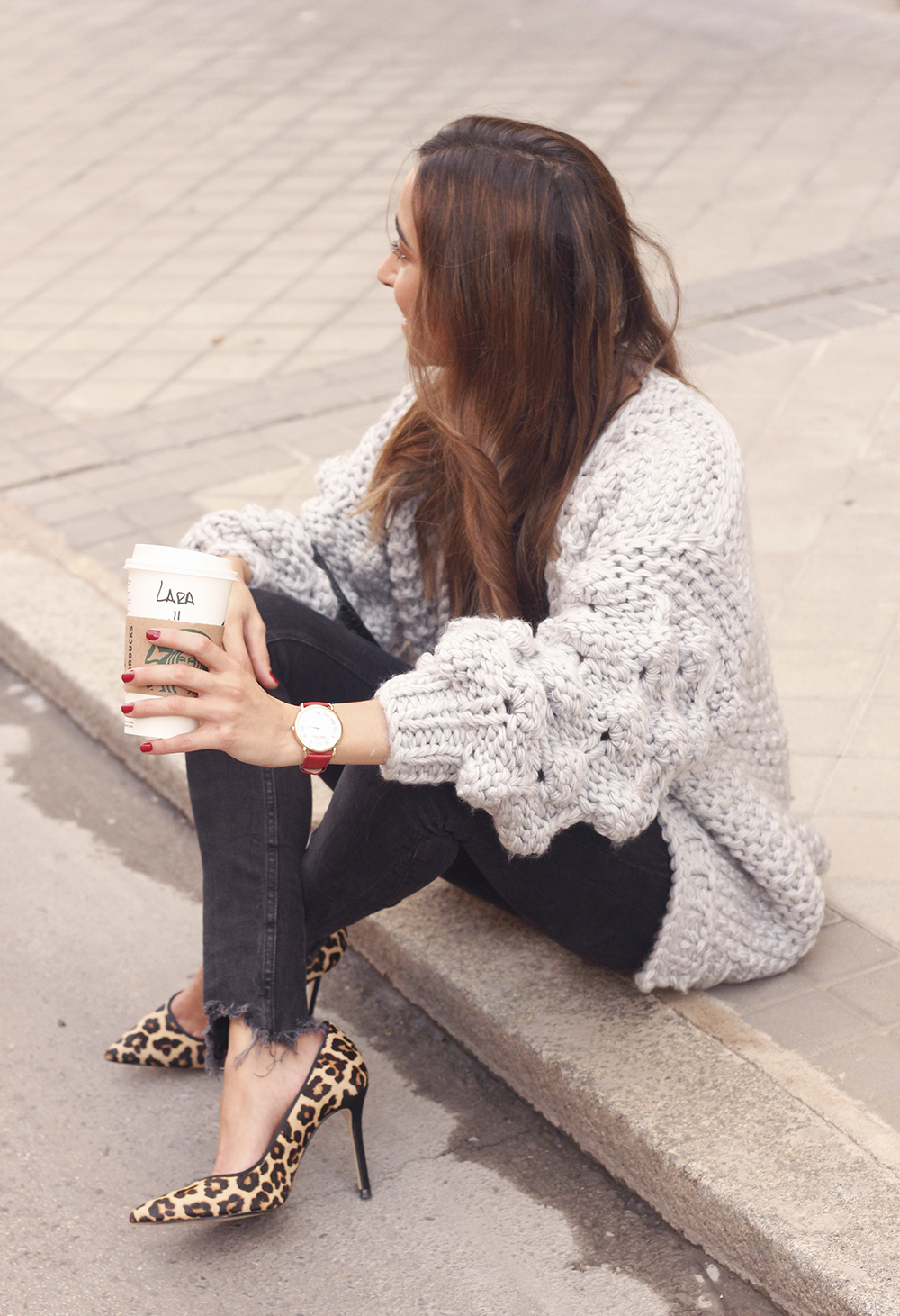 Grey cardigan black jeans folli folie watch leopard print heels starbucks tea street style fall outfit 201811