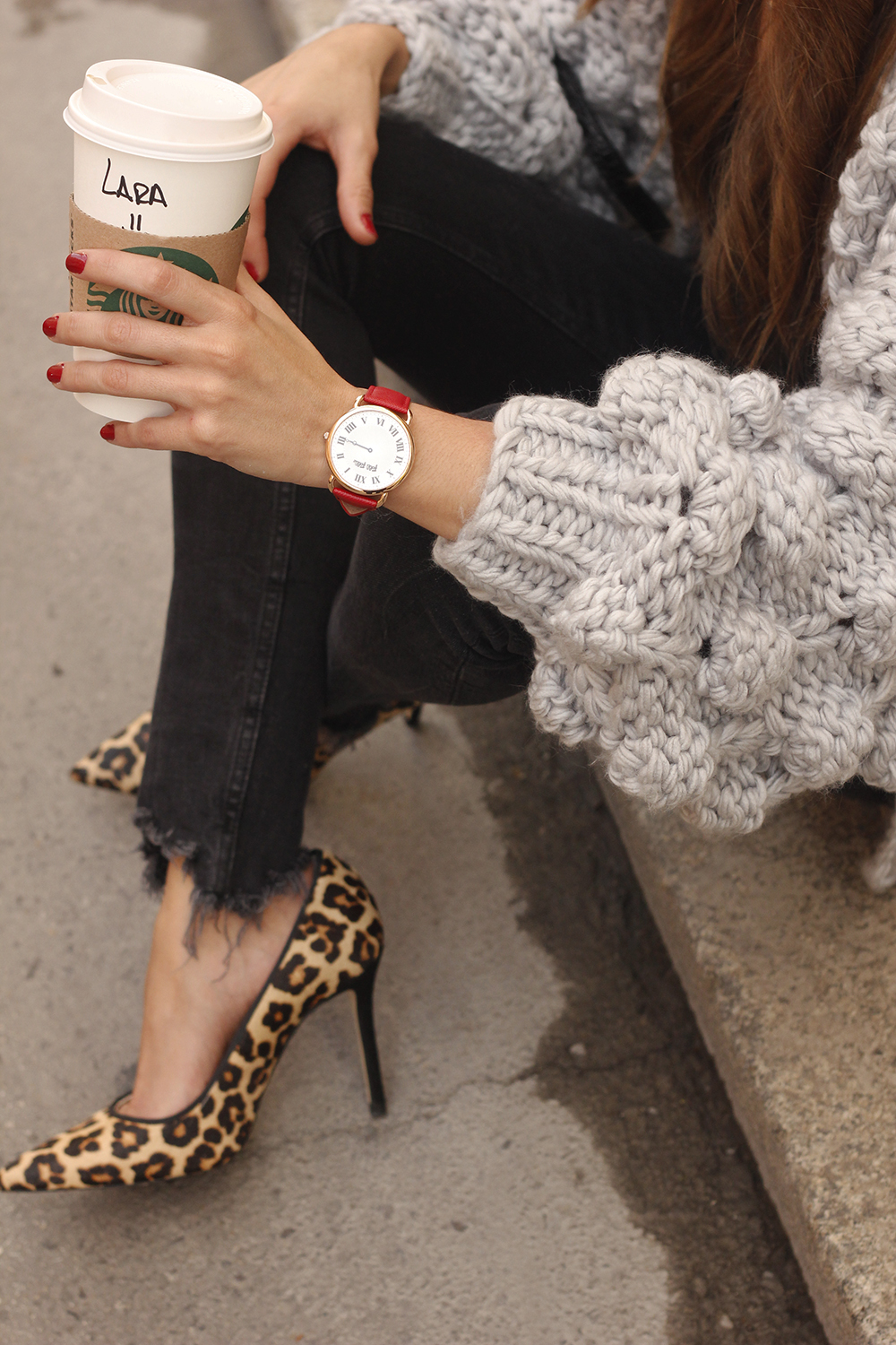 Grey cardigan black jeans folli folie watch leopard print heels starbucks tea street style fall outfit 201810