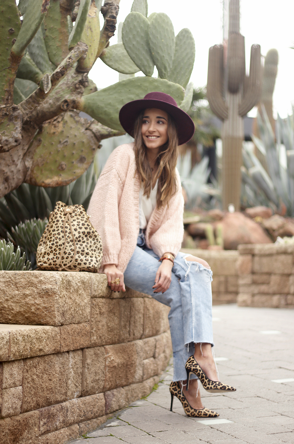 pink cardigan ripped jeans burgundy hay leopard print trend street style fall outfit 20185832