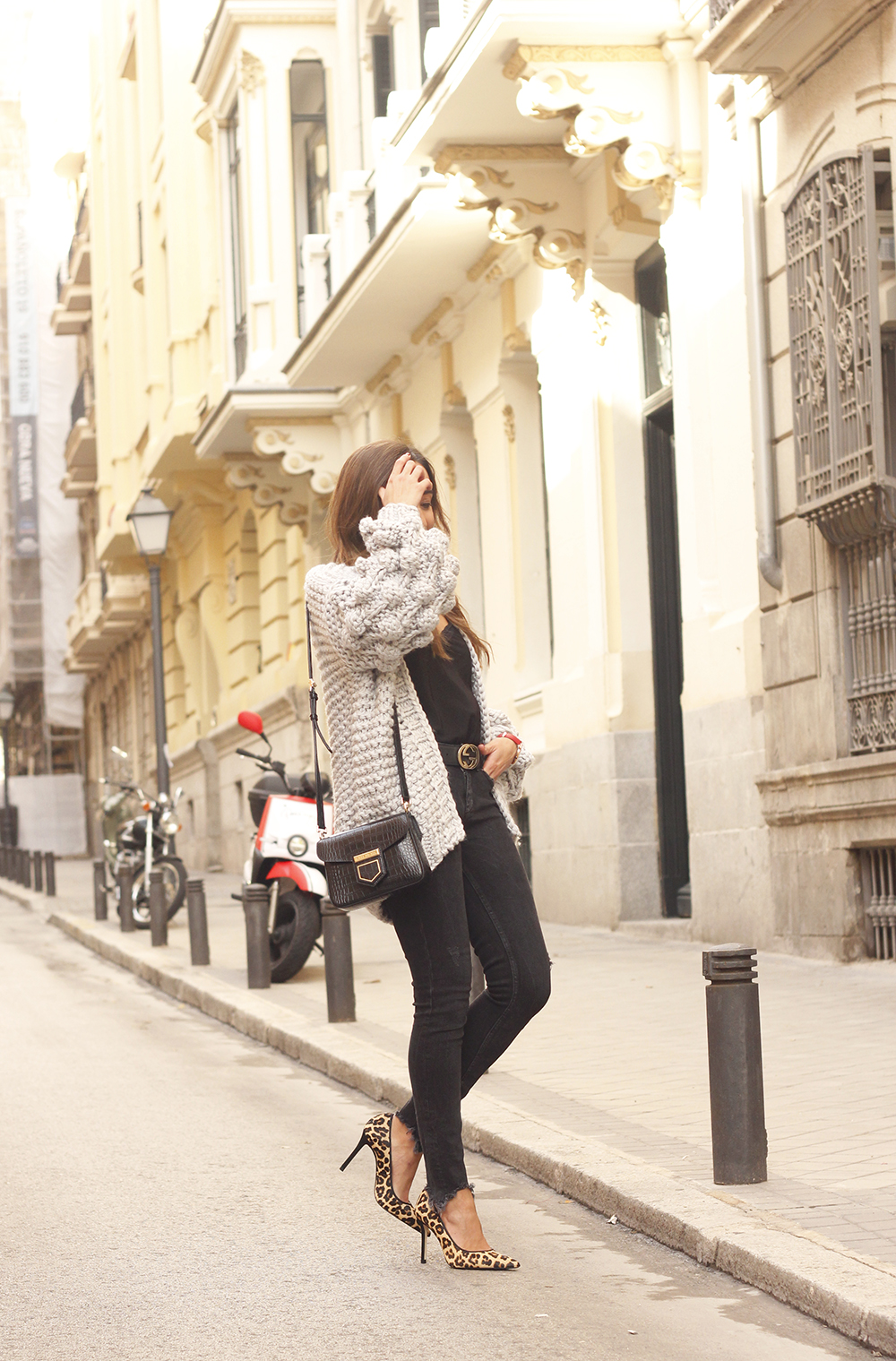 Grey cardigan black jeans folli folie watch leopard print heels starbucks tea street style fall outfit 201801