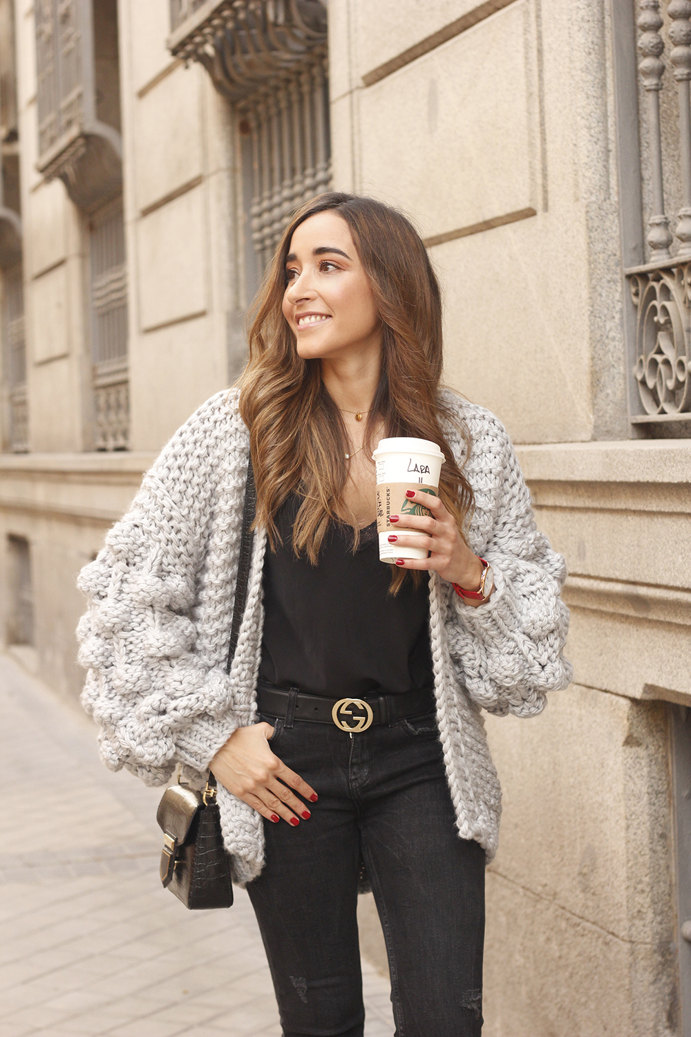 Grey cardigan black jeans folli folie watch leopard print heels starbucks tea street style fall outfit 201806