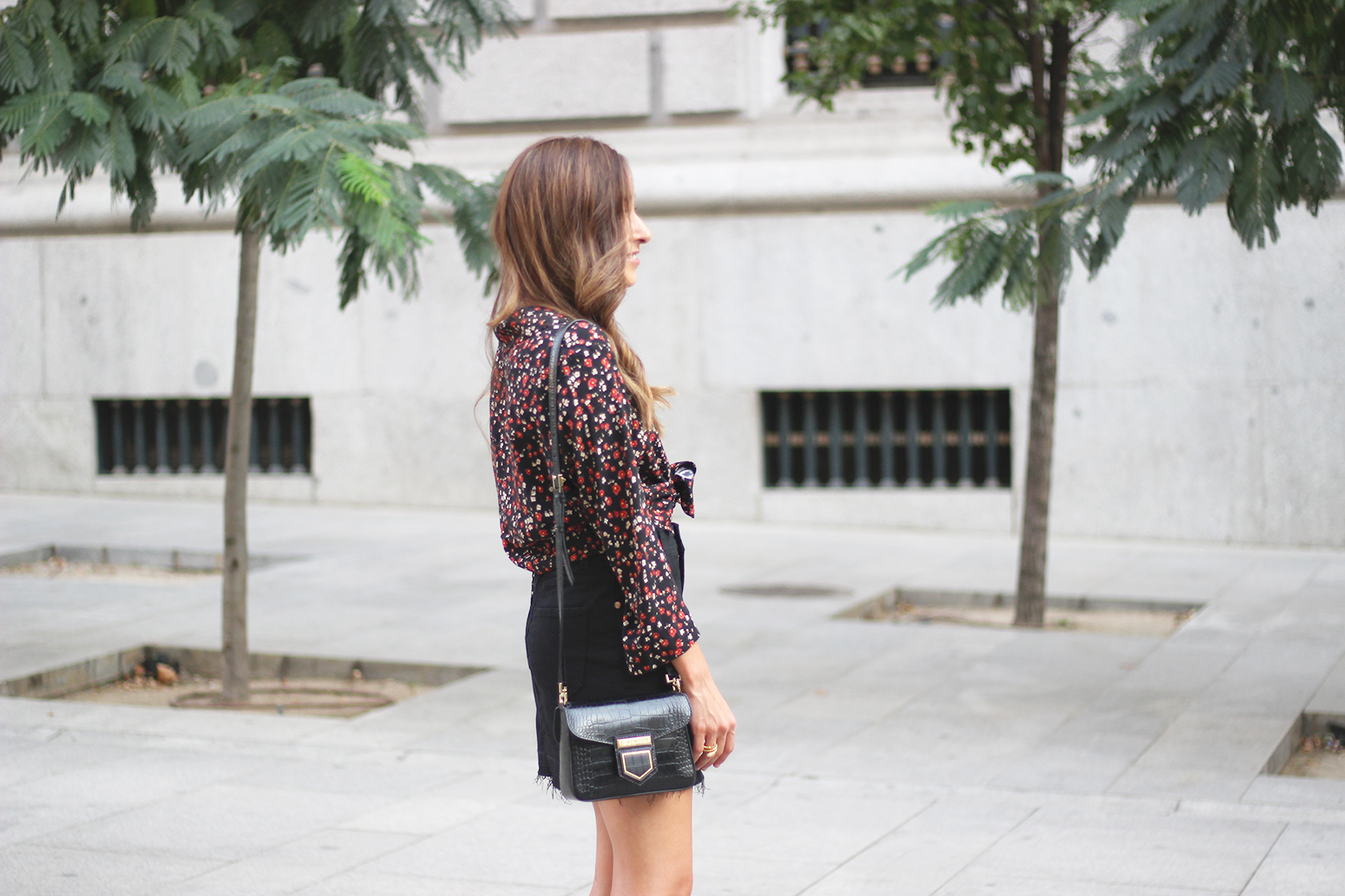 black flower shirt black denim skirt black heels givenchy bag autumn outfit street style 201811