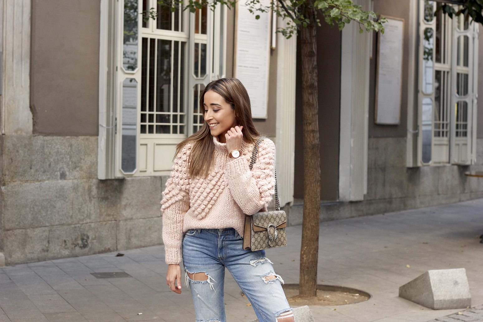chunky pink sweater ripped jeans white fila sneakers gucci bag street style fall outfit 20184553