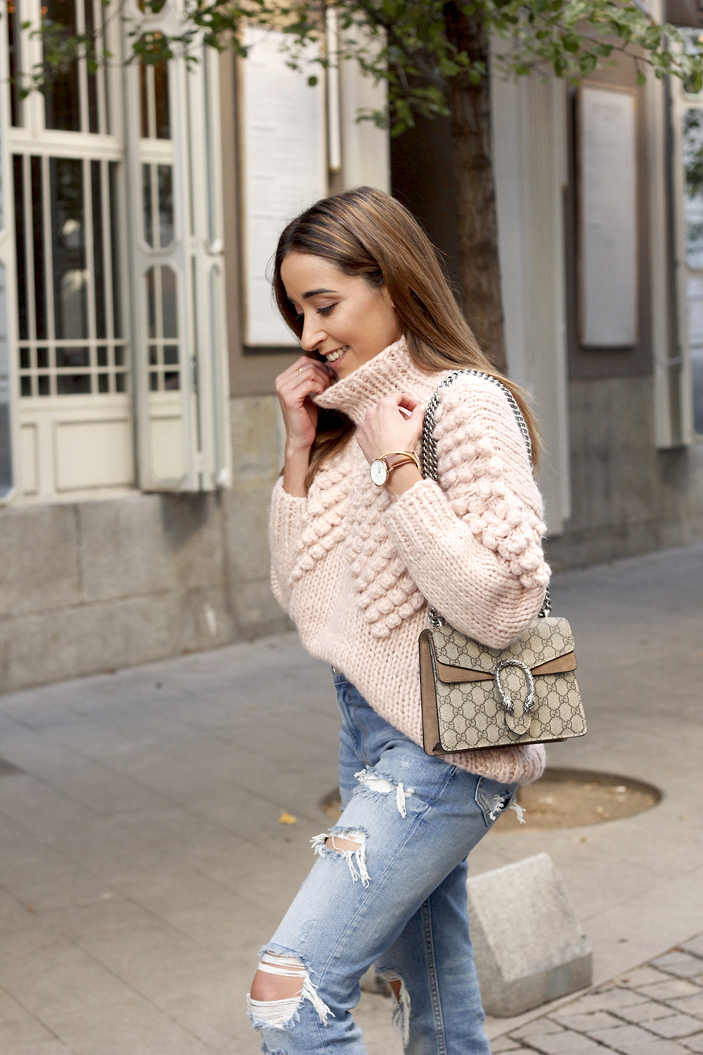 chunky pink sweater ripped jeans white fila sneakers gucci bag street style fall outfit 20184517