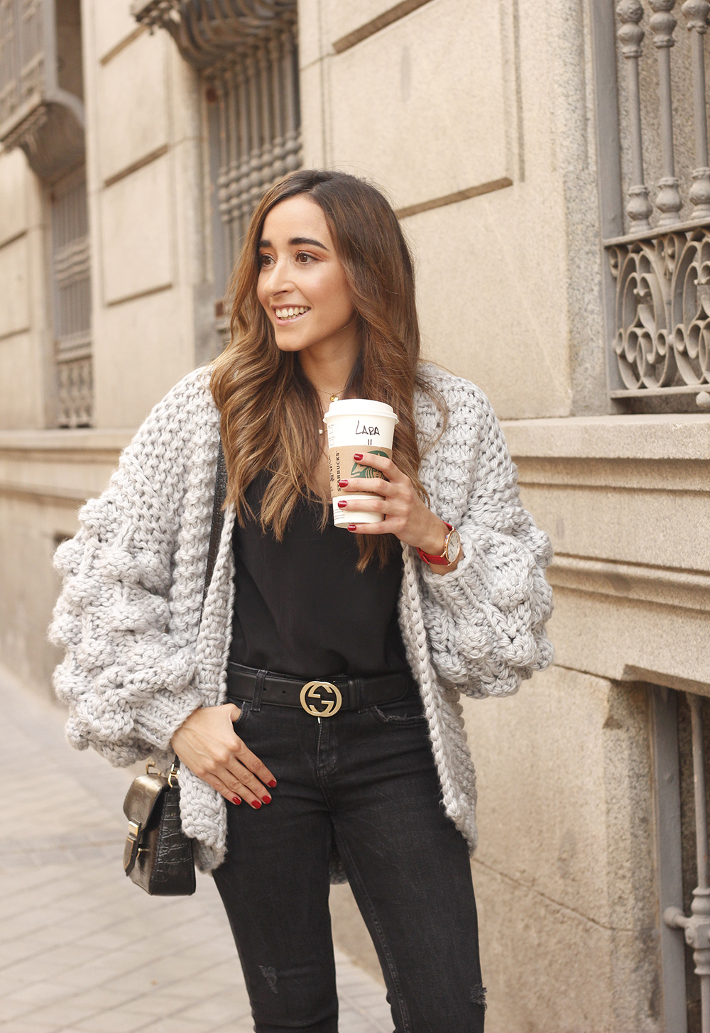 Grey cardigan black jeans folli folie watch leopard print heels starbucks tea street style fall outfit 201808