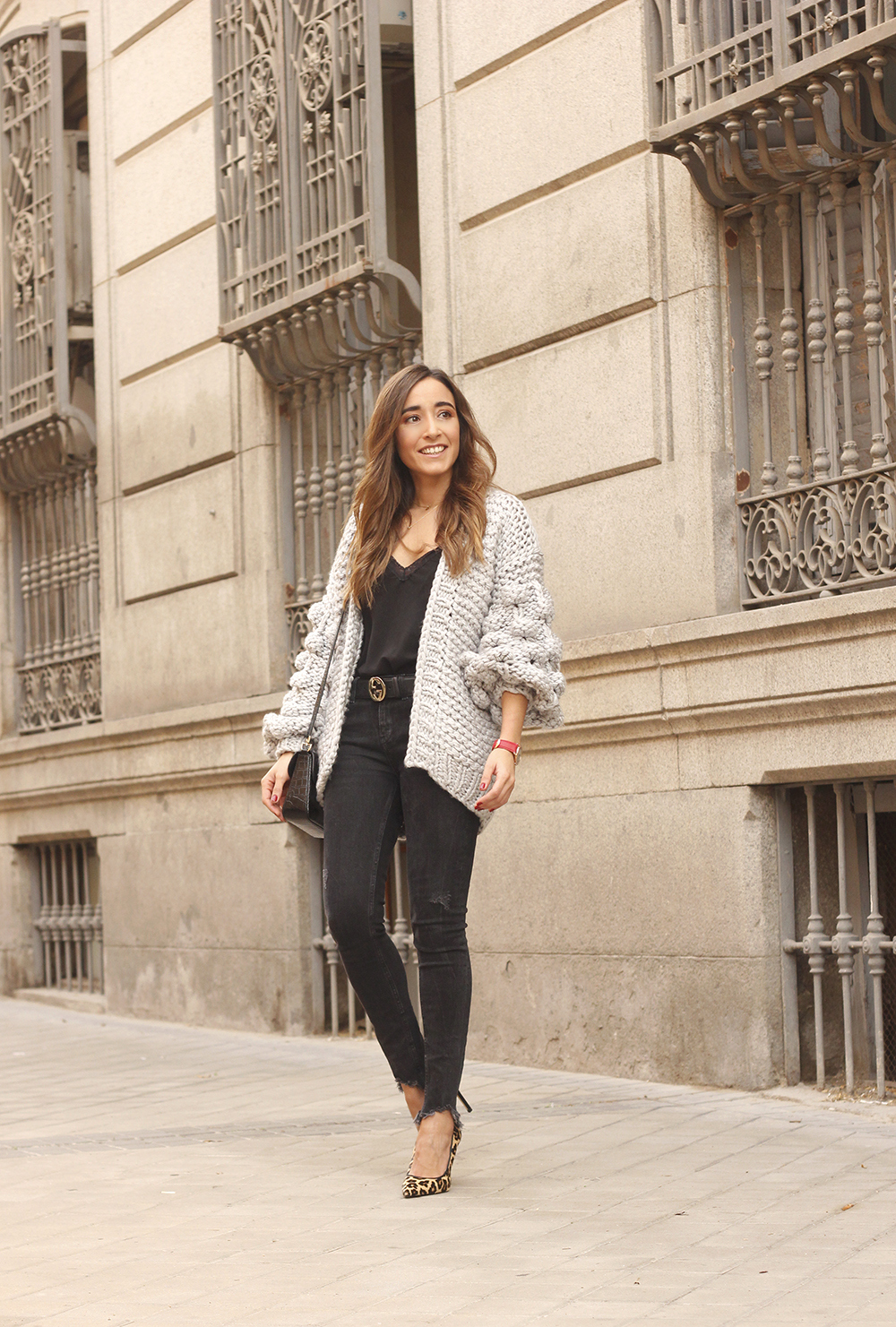 Grey cardigan black jeans folli folie watch leopard print heels starbucks tea street style fall outfit 201802