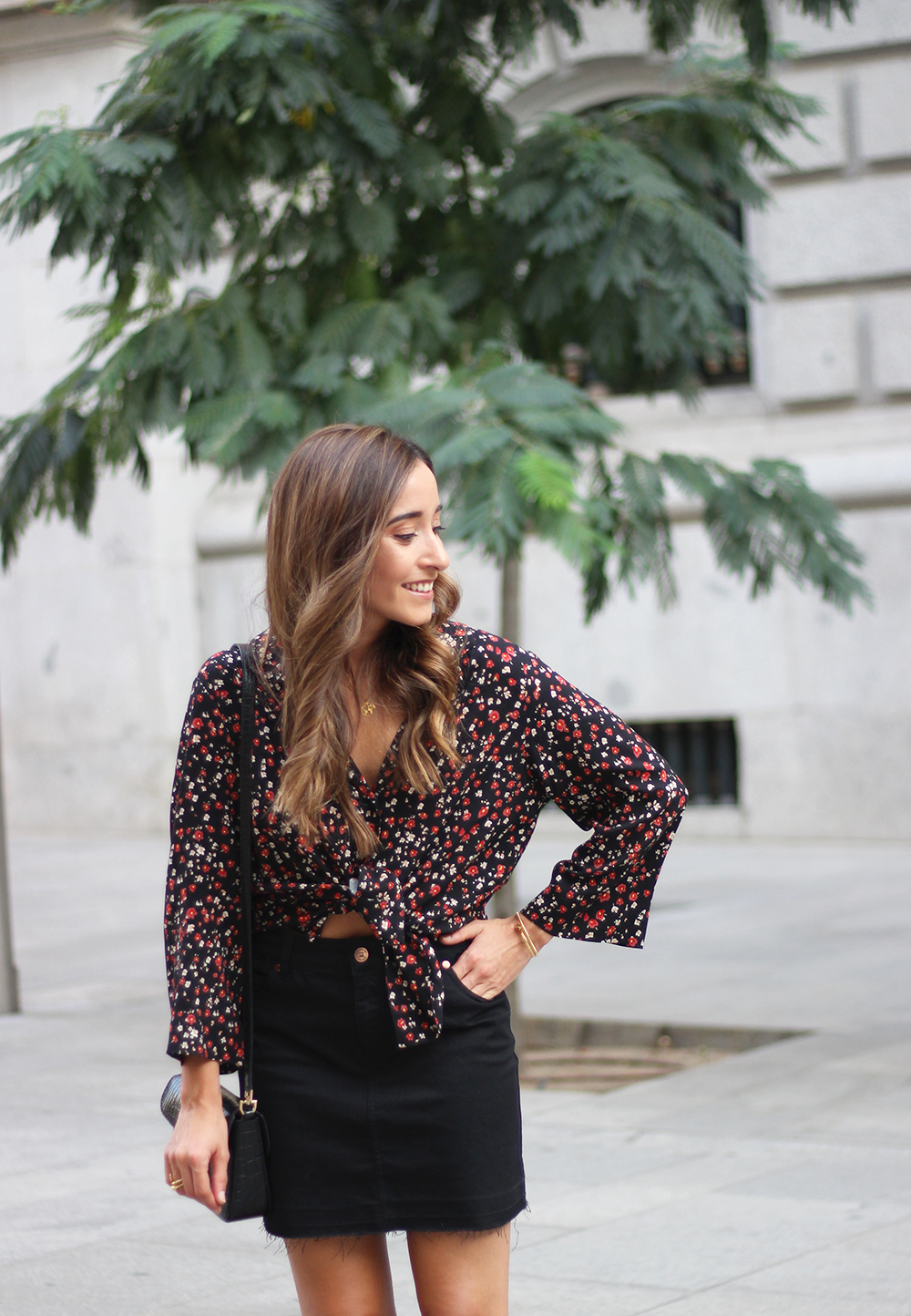 black flower shirt black denim skirt black heels givenchy bag autumn outfit street style 201809