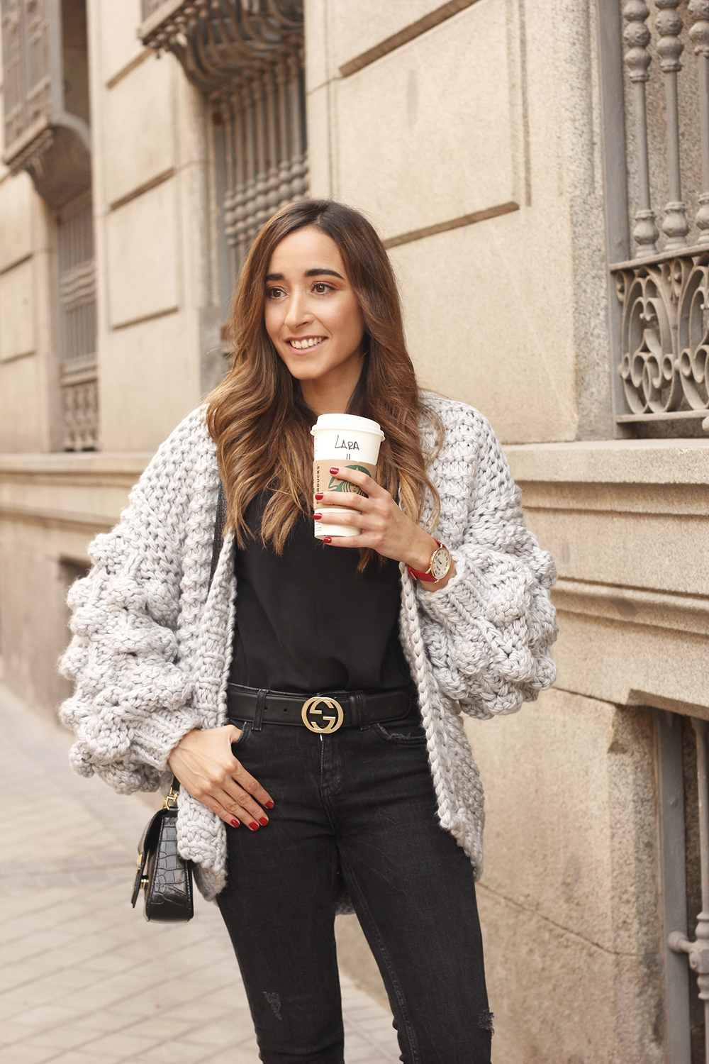Grey cardigan black jeans folli folie watch leopard print heels starbucks tea street style fall outfit 201809