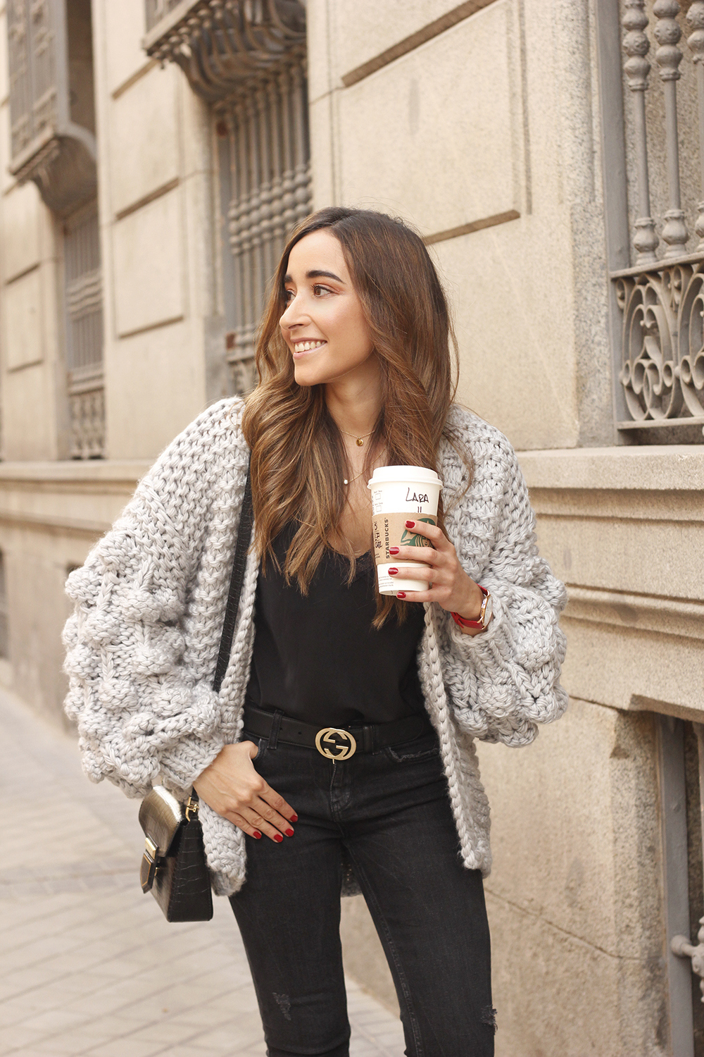 Grey cardigan black jeans folli folie watch leopard print heels starbucks tea street style fall outfit 201807