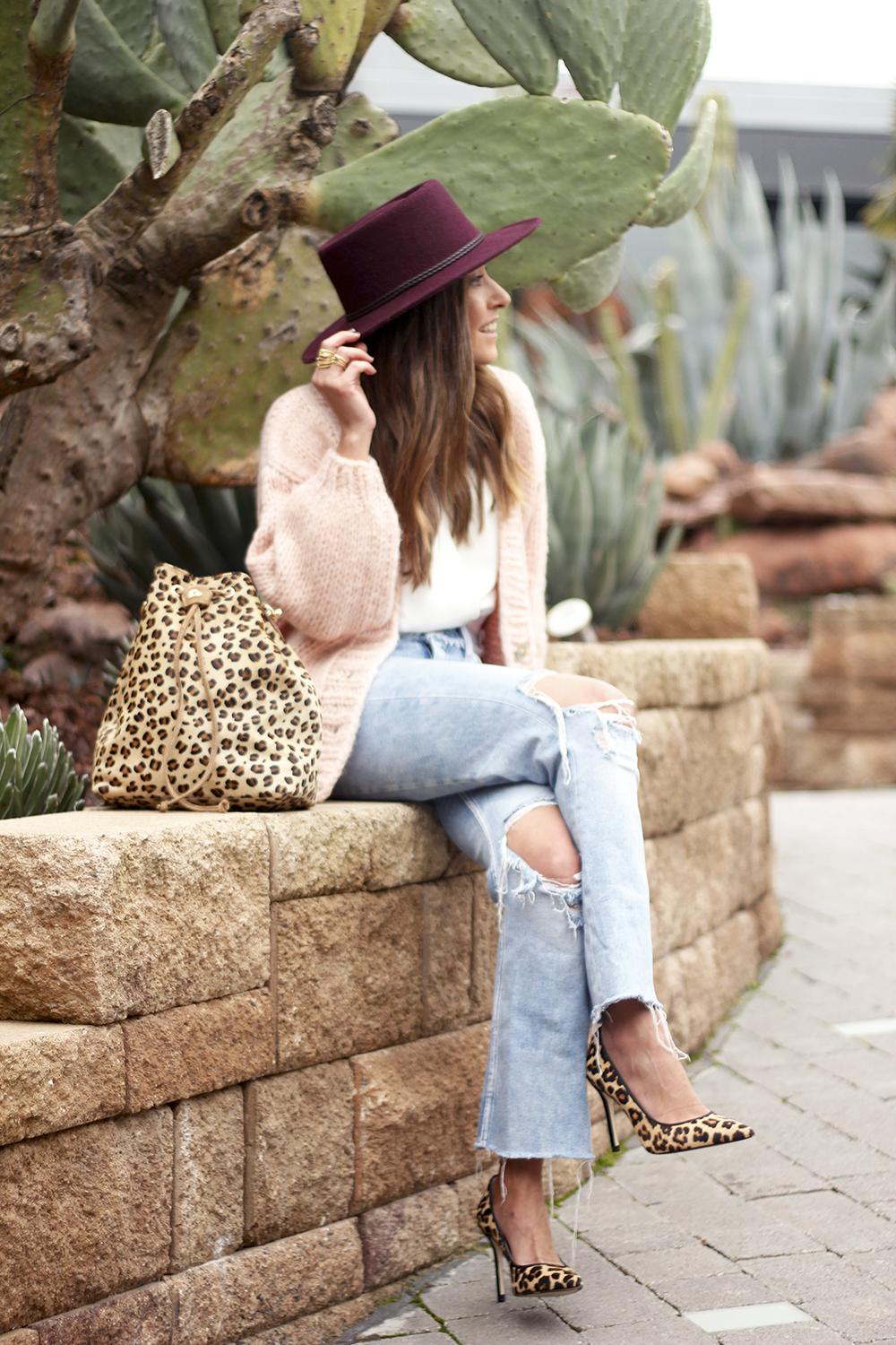 pink cardigan ripped jeans burgundy hay leopard print trend street style fall outfit 20185762