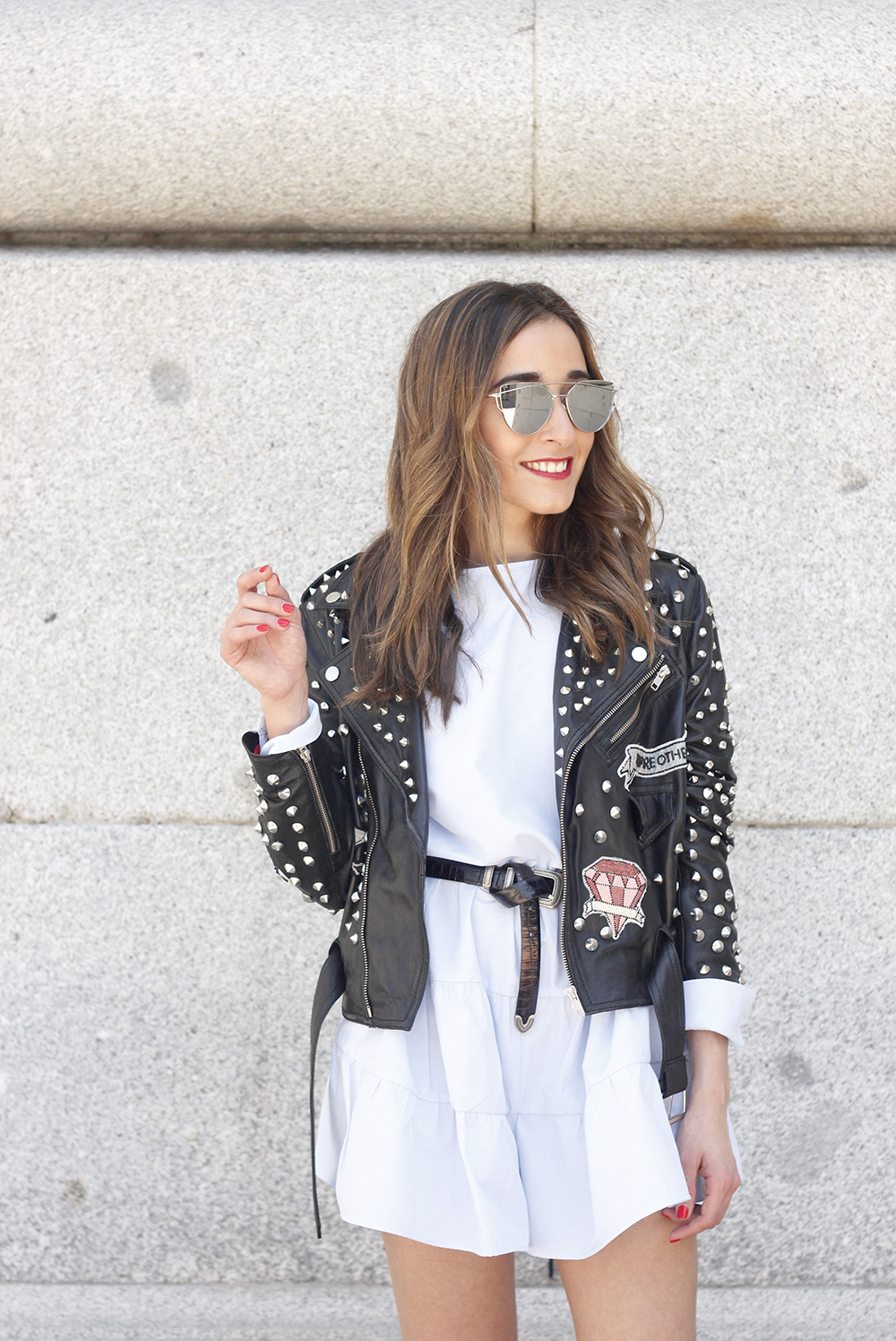 light blue jumper studded biker jacket converse outfit style fasion spring11