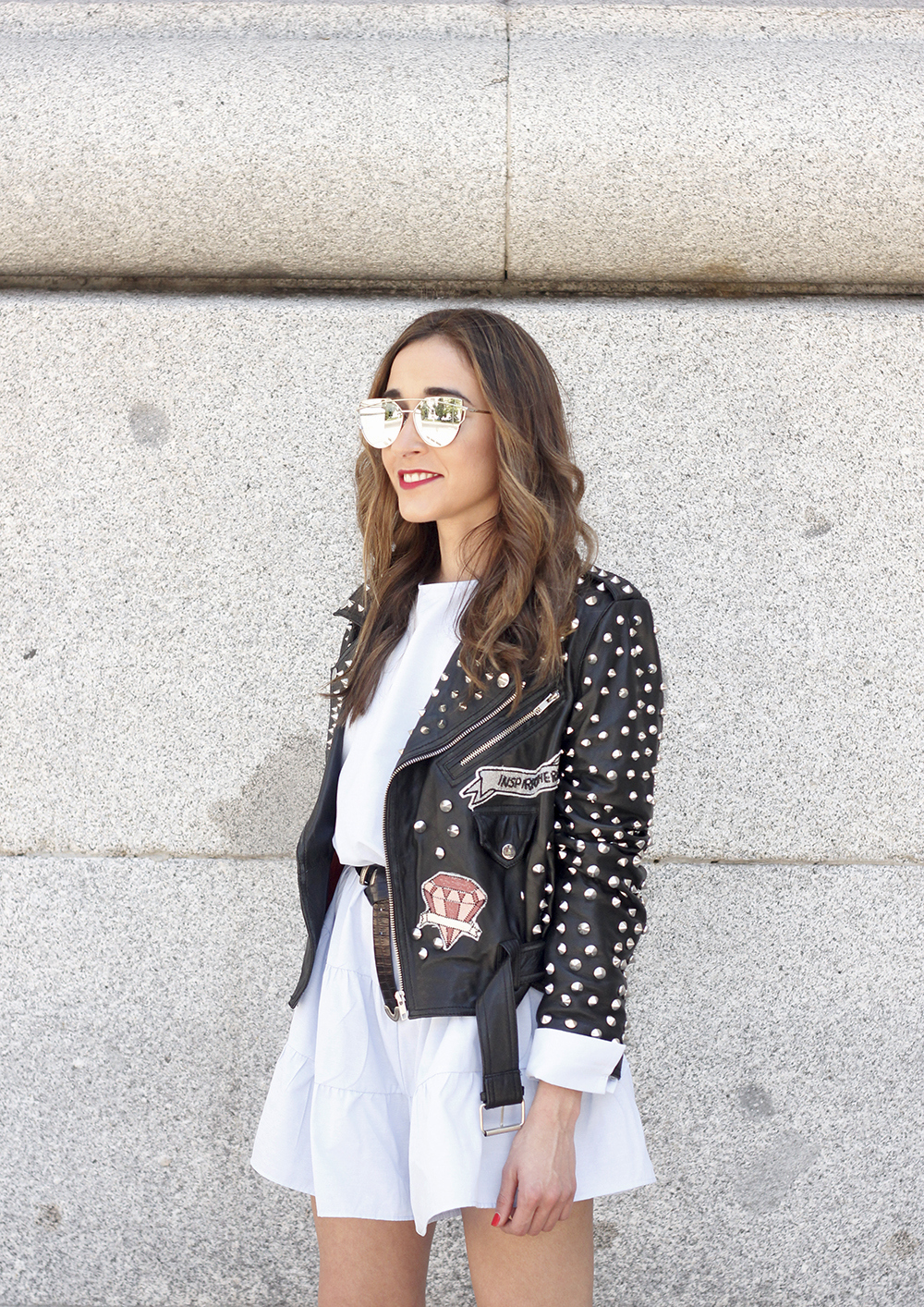 light blue jumper studded biker jacket converse outfit style fasion spring18