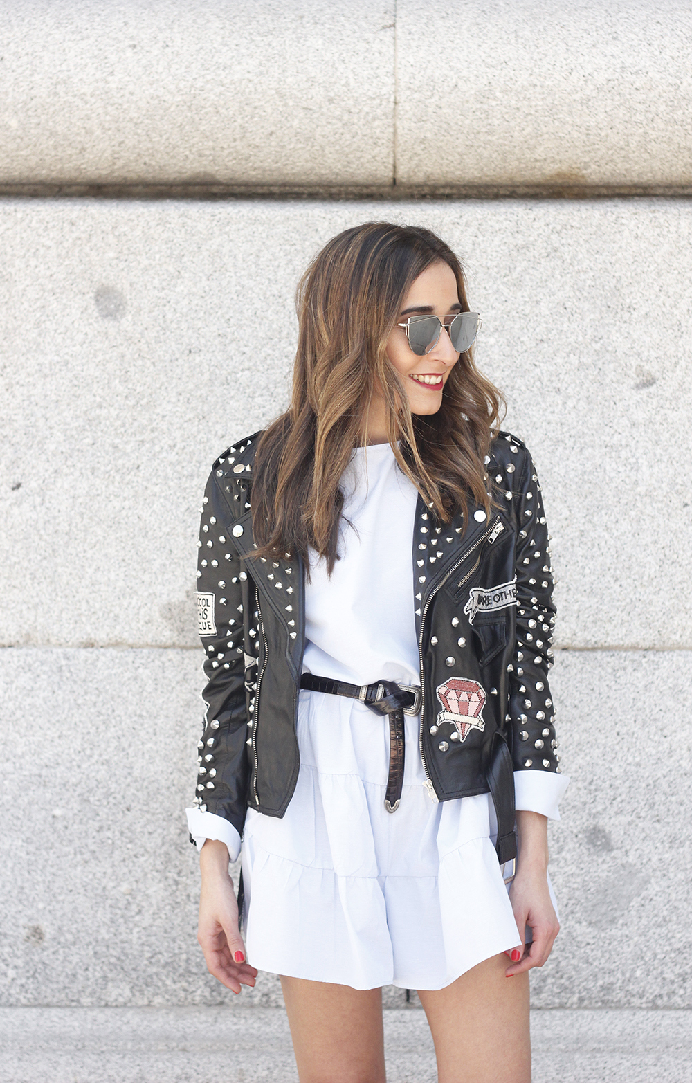 light blue jumper studded biker jacket converse outfit style fasion spring12